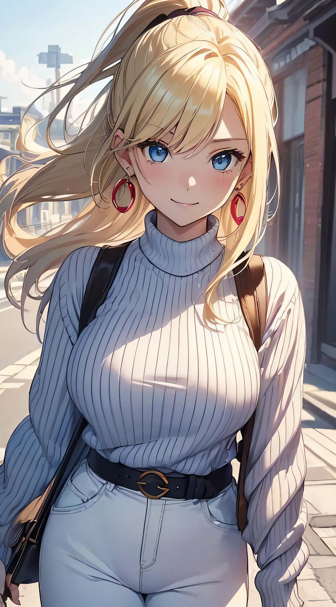 top-quality、Top image quality、​masterpiece、girl with((18year old、Best Bust、big bast,Beautiful blue eyes、Breasts wide open, Blonde ponytail、A slender,Large valleys、Black sweater、White pants、Ruby Earrings、Fluttering in the wind、A slight smil、jumpping)）hiquality、Beautiful Art、Background with((beautiful morning town、strong breeze)))、,masutepiece、visualart、depth of fields、