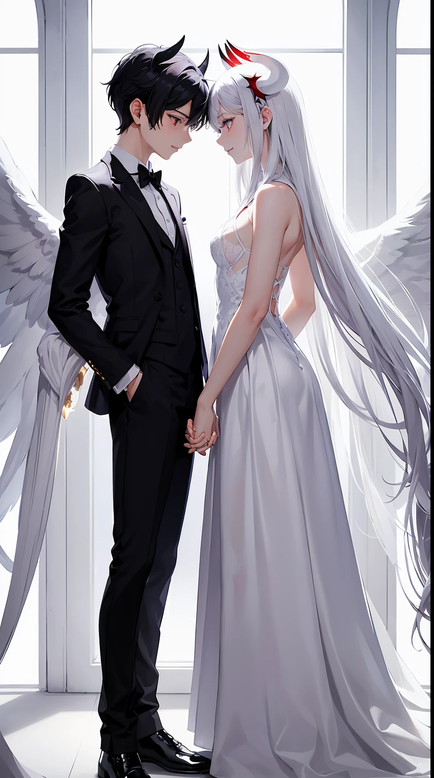 A girl angel with white straight hair, white wings, white dresses, a halo, purple eyes. And a boy Devil, black hair, red horns, red wings, red eyes. Both couple, looking at each other, smiling, holding hands, in love. Perfect boy, perfect anatomy, detailed face, perfect hands, perfect fingers. Perfect body proportions. HD, clear picture. Boy with black suit. Boy wearing black suit.