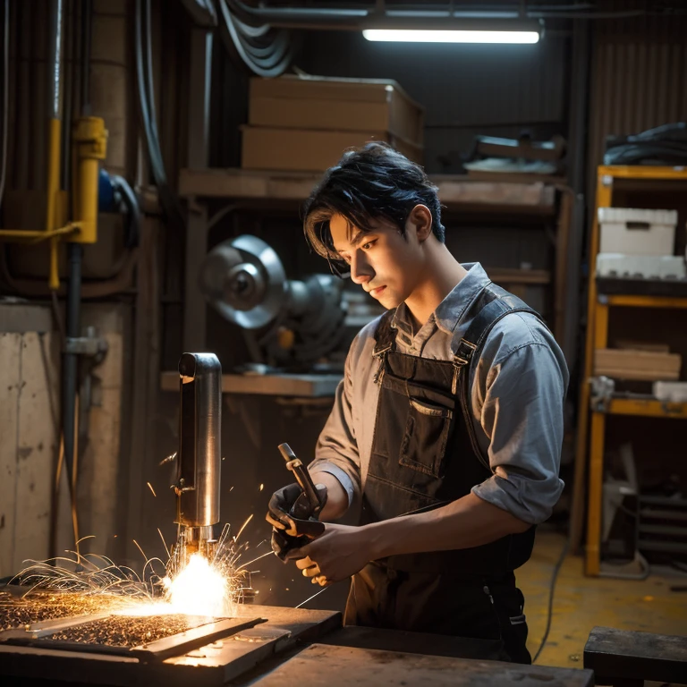 Absurd resolution, A high resolution, (tmasterpiece: 1.4), hyper-detailing, Young man with messy short black hair, Welder dressed up, Factory high-tech workbench, Tech-sensitive screen