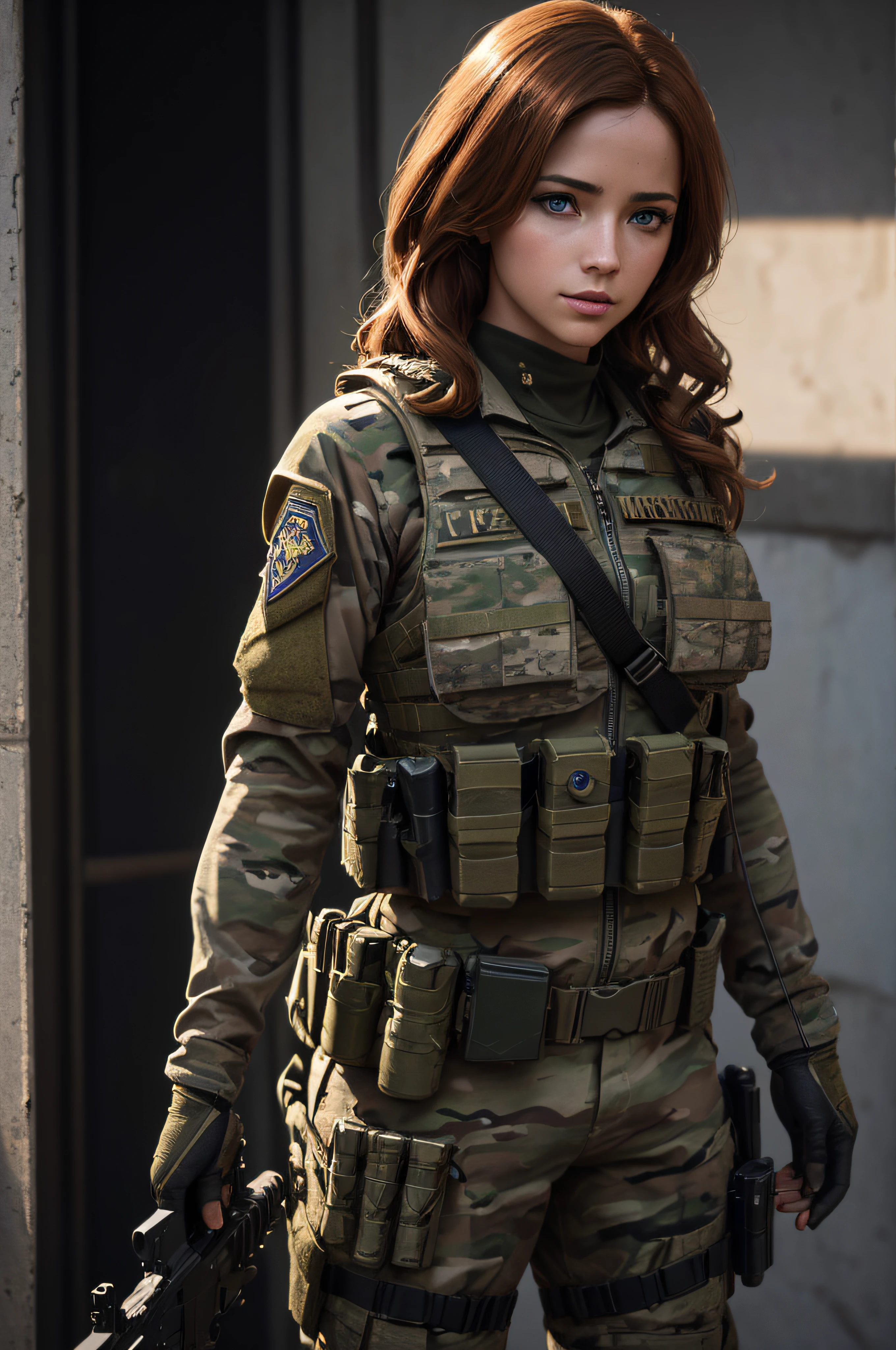 Cinematic battlefield in ruin city, a ultra-detailed hyperrealist photography of a beautiful 20 years old Israeli soldier woman, (GINGER hair with extra long wavy), blue eyes, Israeli aesthetics, short hair, night, curvy, beautiful curves, army aesthetics, special forces outfit, high emphasis on detail, style Semi Impasto, matte painting, atmospheric, glowing, dramatic lighting, beautiful eyes, symmetric eyed, perfect eyes, by Magali Villeneuve, wet, moist, reflection, (masterpiece) ( Perfect proportions) (realistic photos) (highest quality) (detail) shot taken by Canon EOS R5, 50mm lens, f/2.8, HDR, (8k) (wallpaper) (movie lighting) (dramatic lighting) (sharp focus) (complex) fashion, special forces, captain, Israeli military, armed with 2 pistols, in combat, realistic uniform, multicam, fit, chest protection, united states military, camouflaged, multicam, Israeli patter,Israeli patch bulletproof vest, covered skin, bullet proof vest, weapon, gun, m4a1, m4a1 sopor, special UHD!
