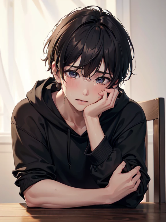 (best quality,4k,8k,highres,masterpiece:1.2),ultra-detailed,(realistic,photorealistic,photo-realistic:1.37),one boy,crying face,dewy eyes,dark hair,short hair,black hoodie,in a dimly lit room,sitting on a chair