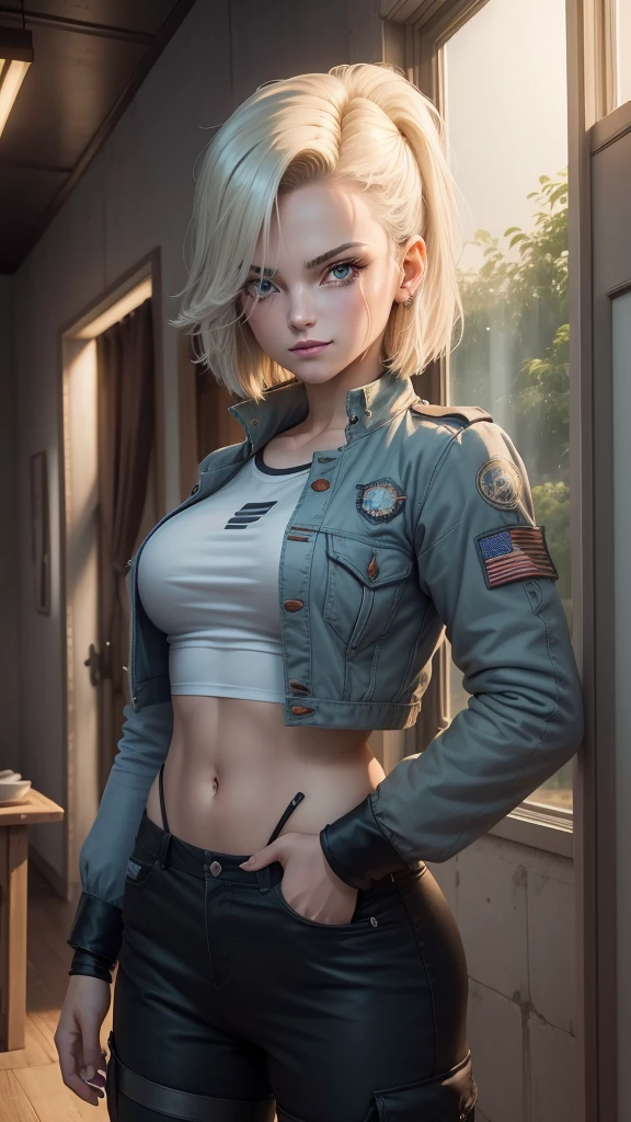 (((of the highest quality: 1.4))),(unparalleled masterpiece ever), (Ultra high definition),(Ultra realistic 8K CG), (((adult body))), (((1girl pamela anderson))), ((( Bob Shorthair ))),  American soldier with perfect body,,Beautiful and cute,muscular body,Detailed militaryjacket, Camouflage tank top、is standing, (Image from head to thigh),(( White Blonde Bob Shorthair )),, Simon Bisley's urban savage style,Detailed forest background,Clean abs, Complex equipment, dark green with white stars and gray and white stripes, tattoo