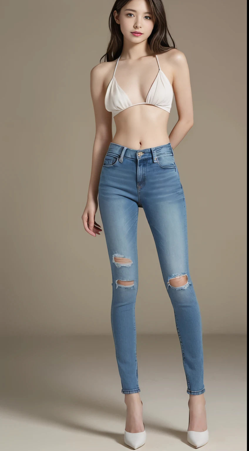 SeaArt Bot Upscaling Default 2023/09/29 12:38:39 (realisitic、Photorealsitic:1.3)、(Cute 15 year old delicate beautiful girl:1.4)、（:1.5)、（Show me your :1.8）、(Beautiful :1.3 )、de pele branca、Slim West、（Hard :1.4）、（small tits）、denim、jeans、JINS、beauty legs、pumps、heel
