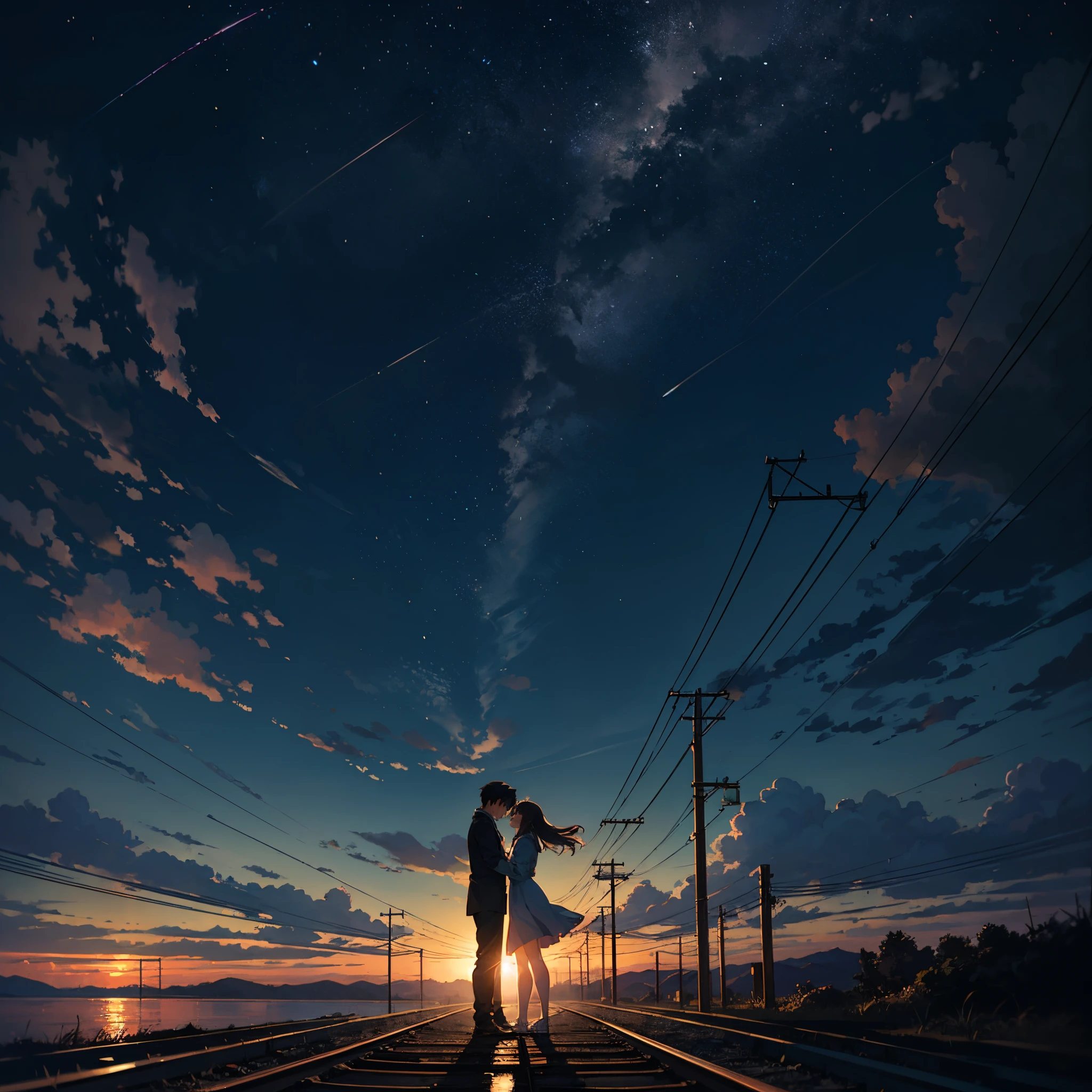 High quality masterpiece, landscape, anime train passing through bodies of water on tracks, bright starry sky. Romantic train, pixiv, concept art, lofi art style, reflection. by Makoto Shinkai, lofi art, Beautiful anime scene, Anime landscape, detailed scenery —width 672, in style of Makoto shinkai, style of Makoto shinkai, enhanced details.