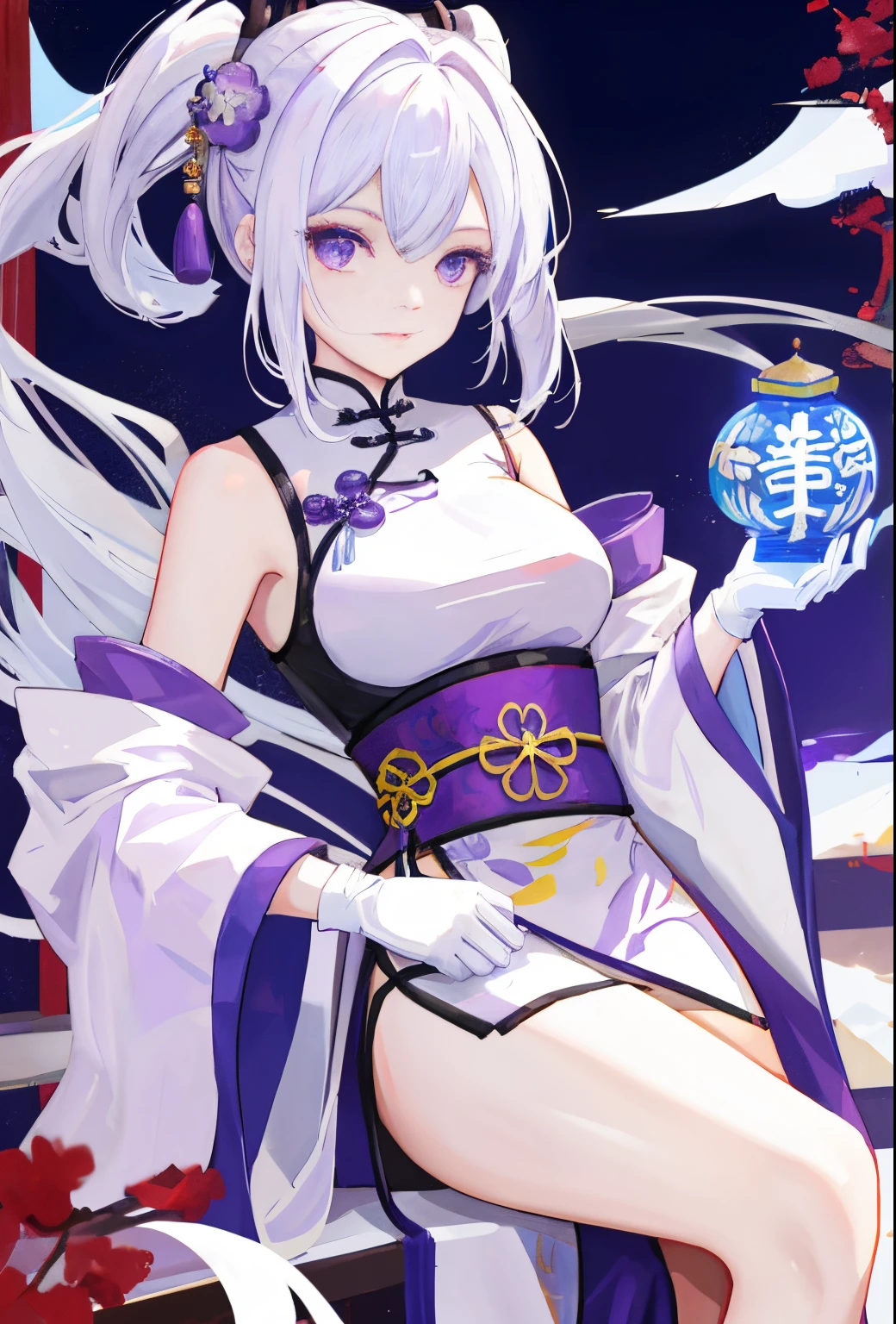 Two-dimensional painting style,24-year-old woman,White hair,put on purple robe,Long white leather gloves on the elbows(Must be above the elbow),Chinese style architecture