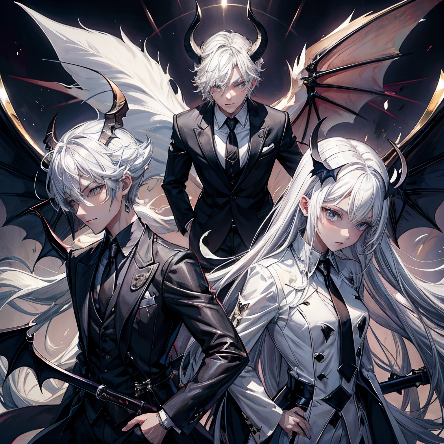 incubus、white  hair、suits、neck tie、Black horned、Black bat wings and tail、Glossy look、Poses to seduce、Dark fantasy background