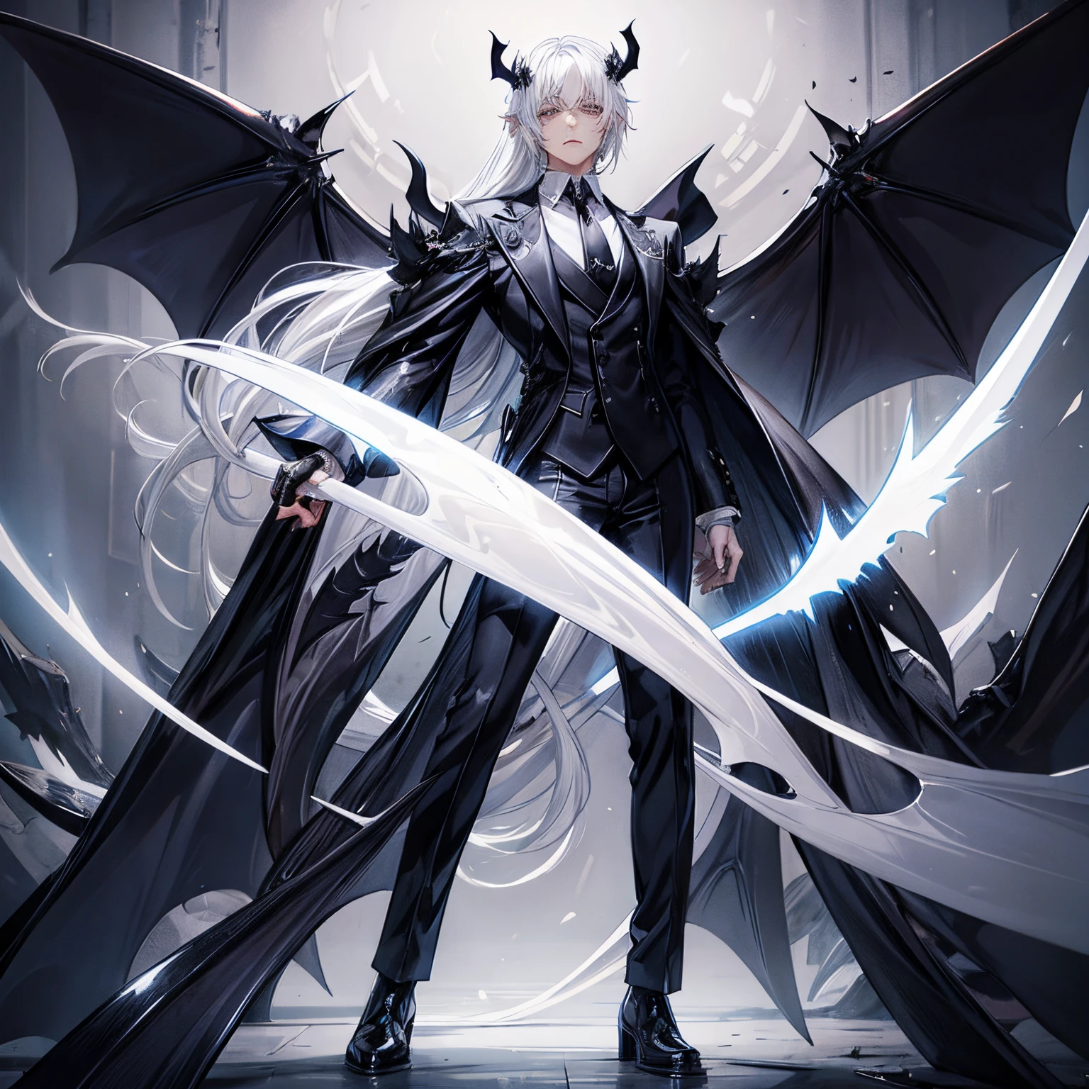 incubus、white hair、suits、neck tie、Black horned、Black bat wings and tail、Glossy look、Poses to seduce、Dark fantasy background