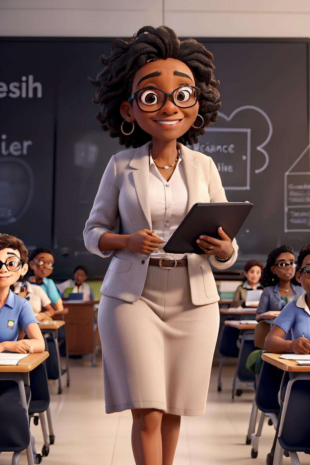 obra-prima, melhor qualidade,  meeting classroom: 55 year old black woman wearing glasses successful executive director presents science lesson on blackboard to group of students. Whiteboard with Big Data Analytics