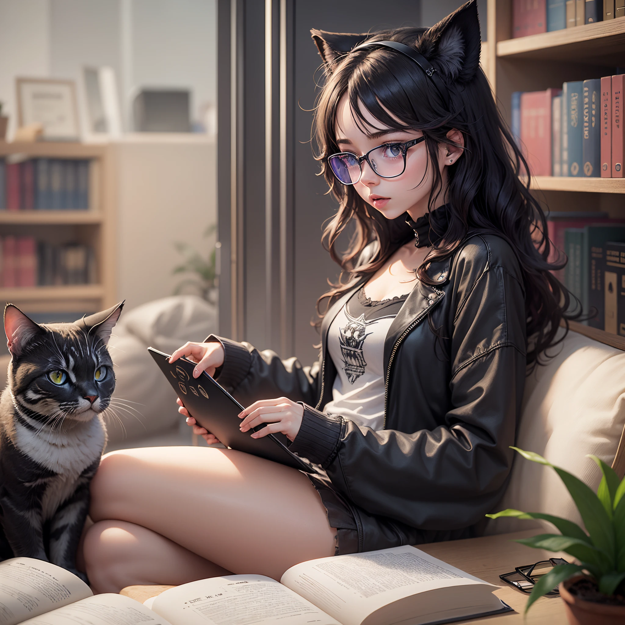 Une e-girl aux cheveux longs et blancs qui programme sur un Mac, avec un chat noir, des lunettes et une plante, in a manga style with a bibliothèque --auto --s2