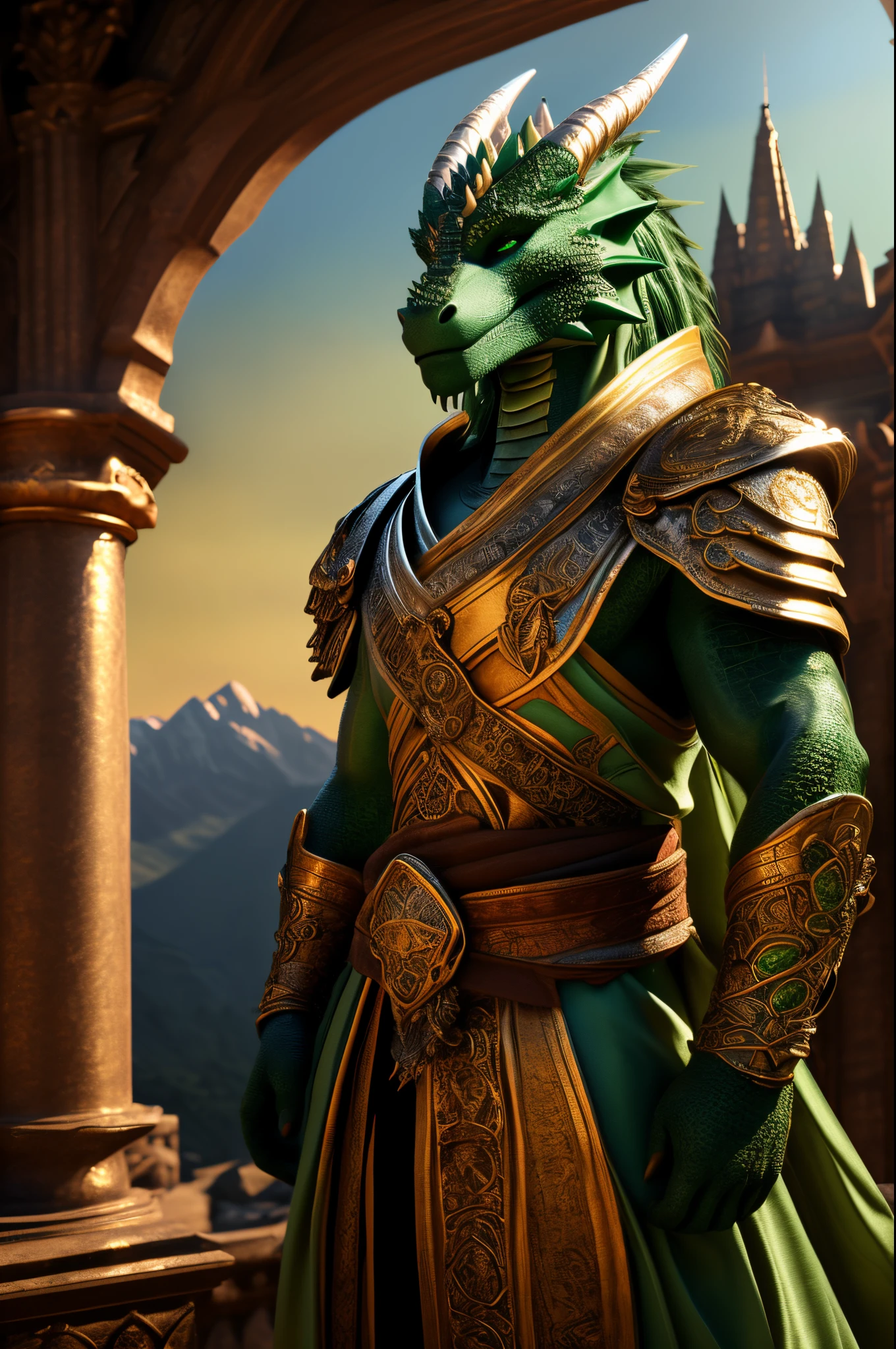 best quality,4k,8k,highres,masterpiece:1.2,ultra-detailed,realistic:1.37,landscape,portraits,(HDR,UHD),(studio lighting),(sharp focus),(physically-based rendering),(extreme detail description),(vivid colors),bokeh,(beautiful detailed eyes),(beautiful detailed lips),(extremely detailed eyes and face),(long eyelashes),(A green Dragonborn Paladin),(ceremonial robes of yellow with green trim),(majestic pose),(glowing aura),(lush green foliage),(magnificent dragon scales),(ornate golden armor),(heroic sword),(magical artifacts),(towering mountain peaks),(dragon shadows),(bright blue sky),(soft golden light)