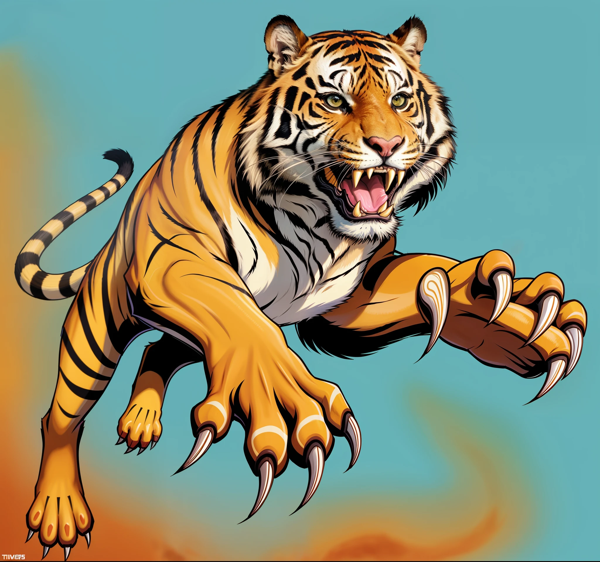um tigre de desenho animado correndo com garras para fora e sua boca aberta, high school mascot, anthropomorphic tiger, tigre_animal, Mascot illustration, tigre de fogo voando, tigre, mascote da equipe esportiva, um tigre, Garras afiadas e detalhadas, dentes afiados e garras, Tigres, mascote esportivo, ((tigre)), com garras, full-colour illustration, hd illustration