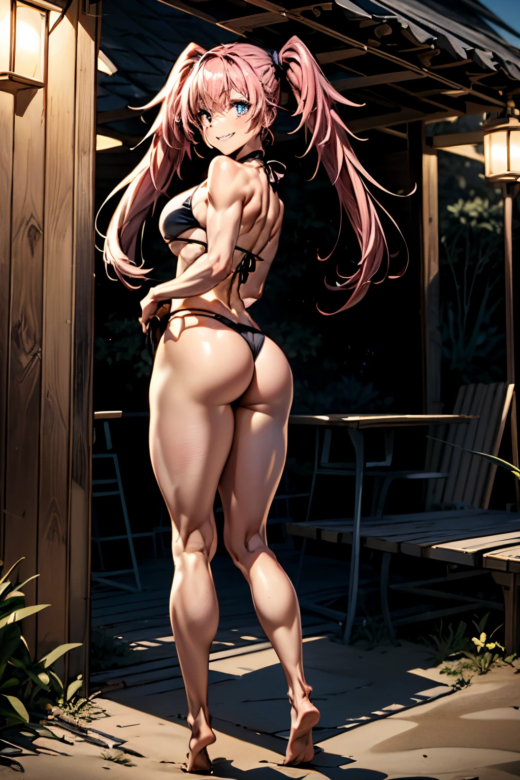 1 girl, (medium boobs))) (((big ass))), (mischievous smile), (showing teeth), (((wearing short bikini))), (long pink hair), (((eyes blue))), (on the beach at night with a starry sky and a moon full of blood), (slender), (thin waist), (butt only), legs (slim and muscular), muscular belly, bare feet, ((( full body photo))), (standing), showing her ass to the audience, twintails, sparkling eyes, eye reflection, sulking, anime, anime style, ray tracing, sparkle, drop shadow, panorama, Sony FE, 8k, UHD, masterpiece, accurate, anatomically correct, super detail, best quality, highres, HD, 16k