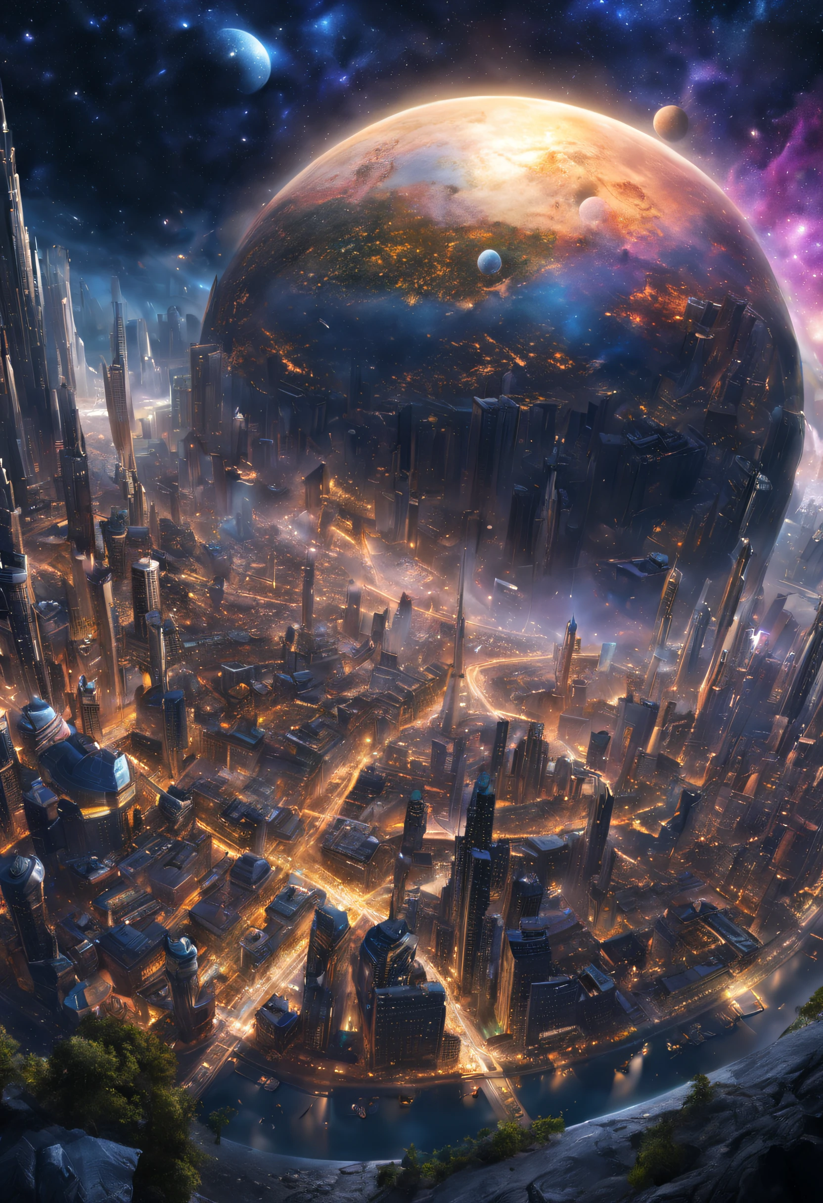 A giantic city in geospacial sphere. Lot of detailled and dreaming colored. The Galaxy is visible beautiful and detailed