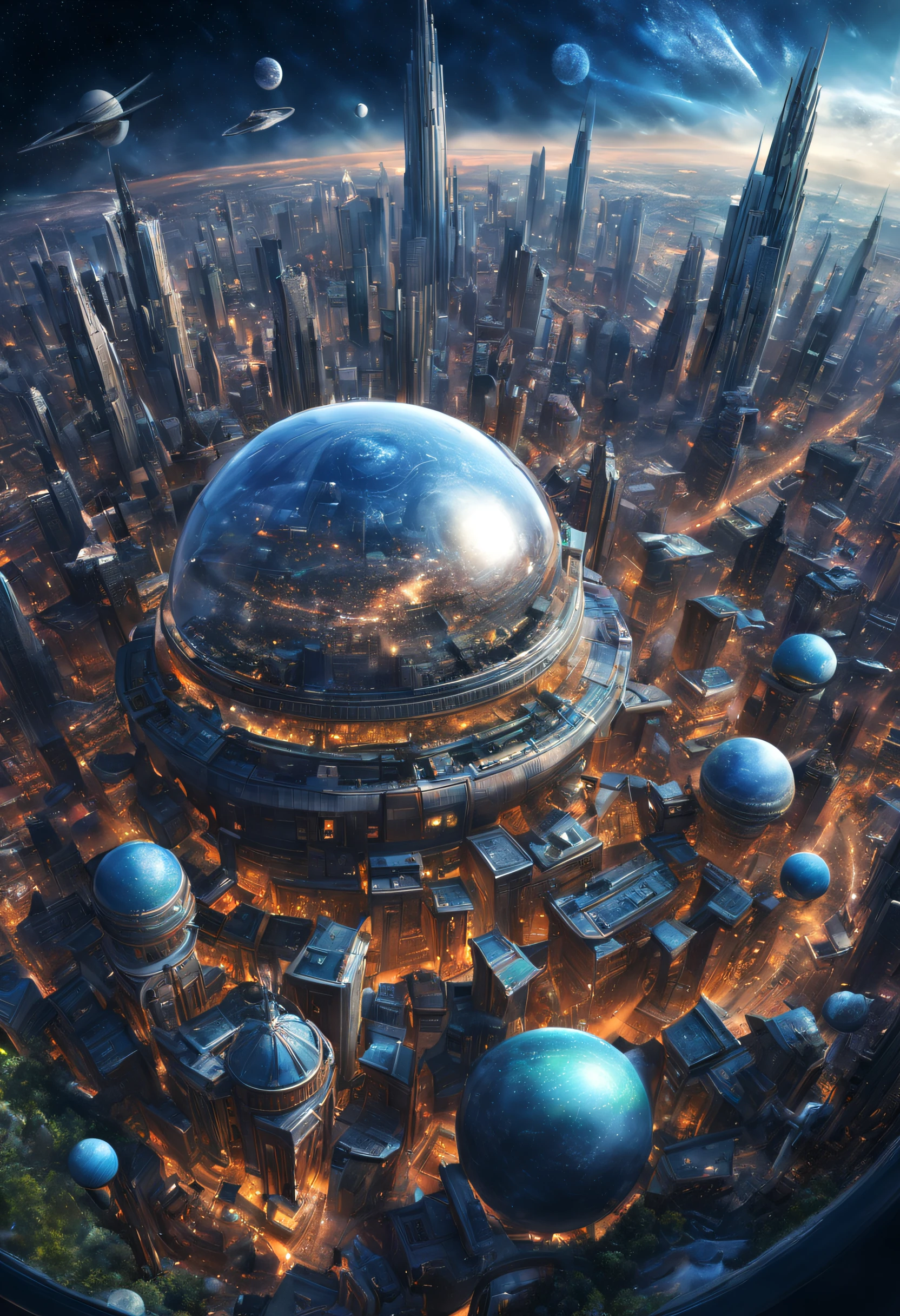 A giantic city in geospacial sphere. Lot of detailled and dreaming colored. The Galaxy is visible beautiful and detailed