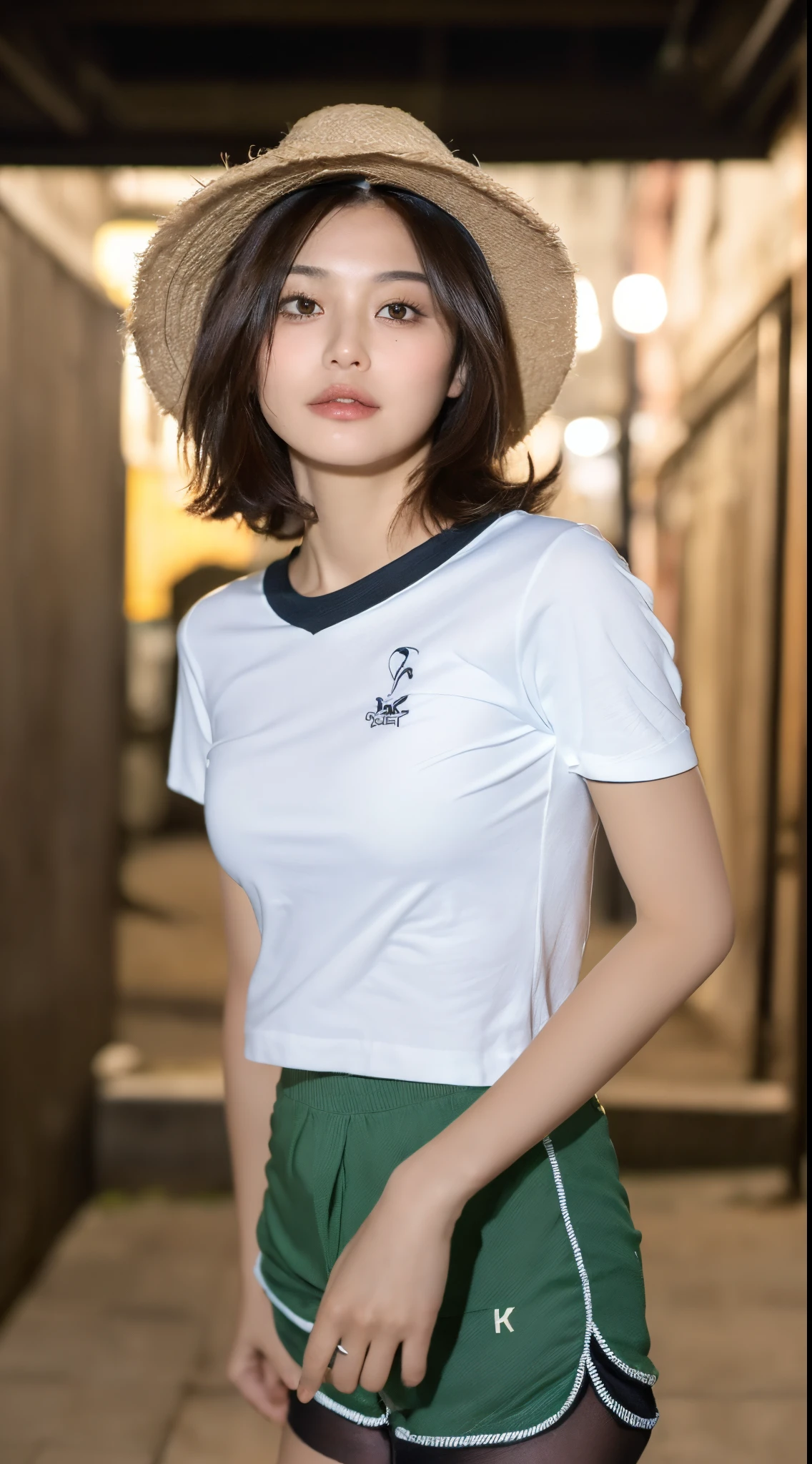 ((Best Quality, 8K, Masterpiece: 1.3)), (Fisherman's Hat: 1.3), Focus: 1.2, Perfect Body Beauty: 1.4, Buttocks: 1.2, (Layered Haircut: 1.2)), (Dark Street: 1.3), Highly Detailed Face and Skin Texture, Fine Eyes, Double Eyelids, Whitened Skin, Long Hair, (Round Face: 1.5), (Short Sleeves, Shorts: 1.6)