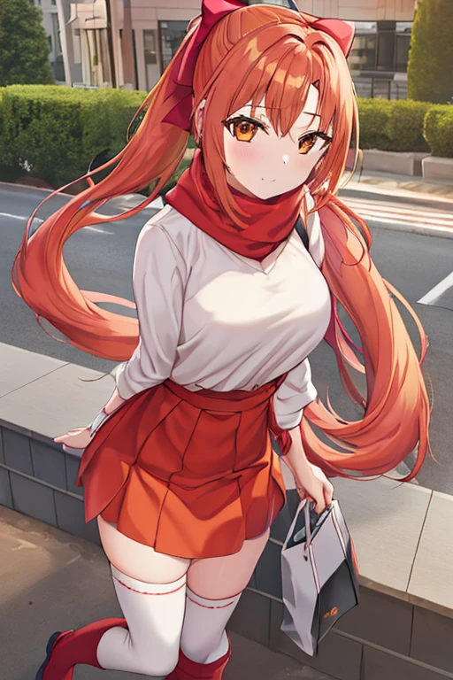 A girl with long pink hair, a side ponytail, orange eyes, big breasts, wearing casual clothes, including a white shirt, a red skirt, a hair bow, white-framed glasses, an orange scarf, wearing black thighhighs and black boots, with a bag. (best quality, full body)