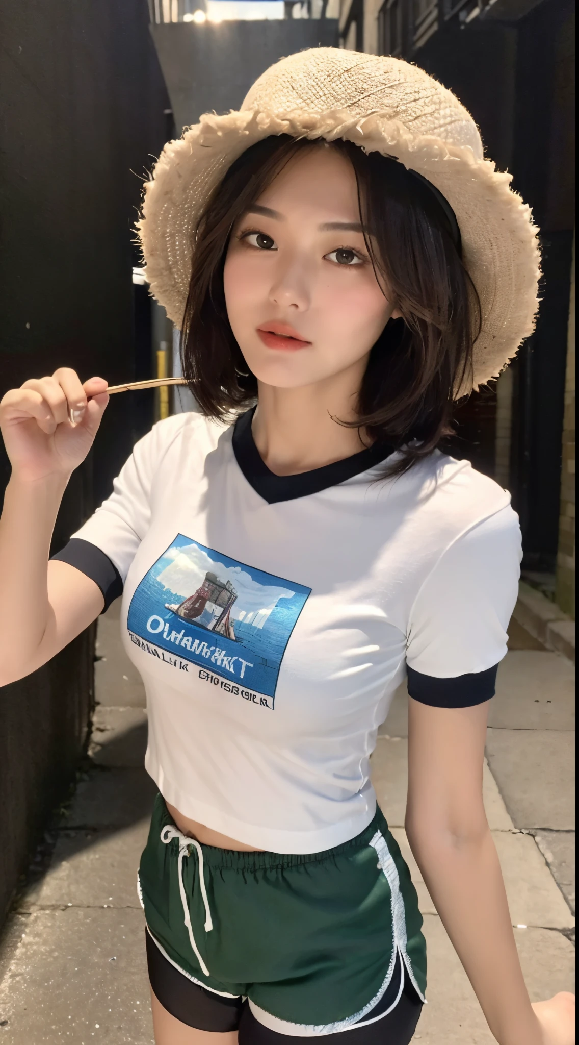 ((Best Quality, 8K, Masterpiece: 1.3)), (Fisherman's Hat: 1.3), Focus: 1.2, Perfect Body Beauty: 1.4, Buttocks: 1.2, (Layered Haircut: 1.2)), (Dark Street: 1.3), Highly Detailed Face and Skin Texture, Fine Eyes, Double Eyelids, Whitened Skin, Long Hair, (Round Face: 1.5), (Short Sleeves, Shorts: 1.6)