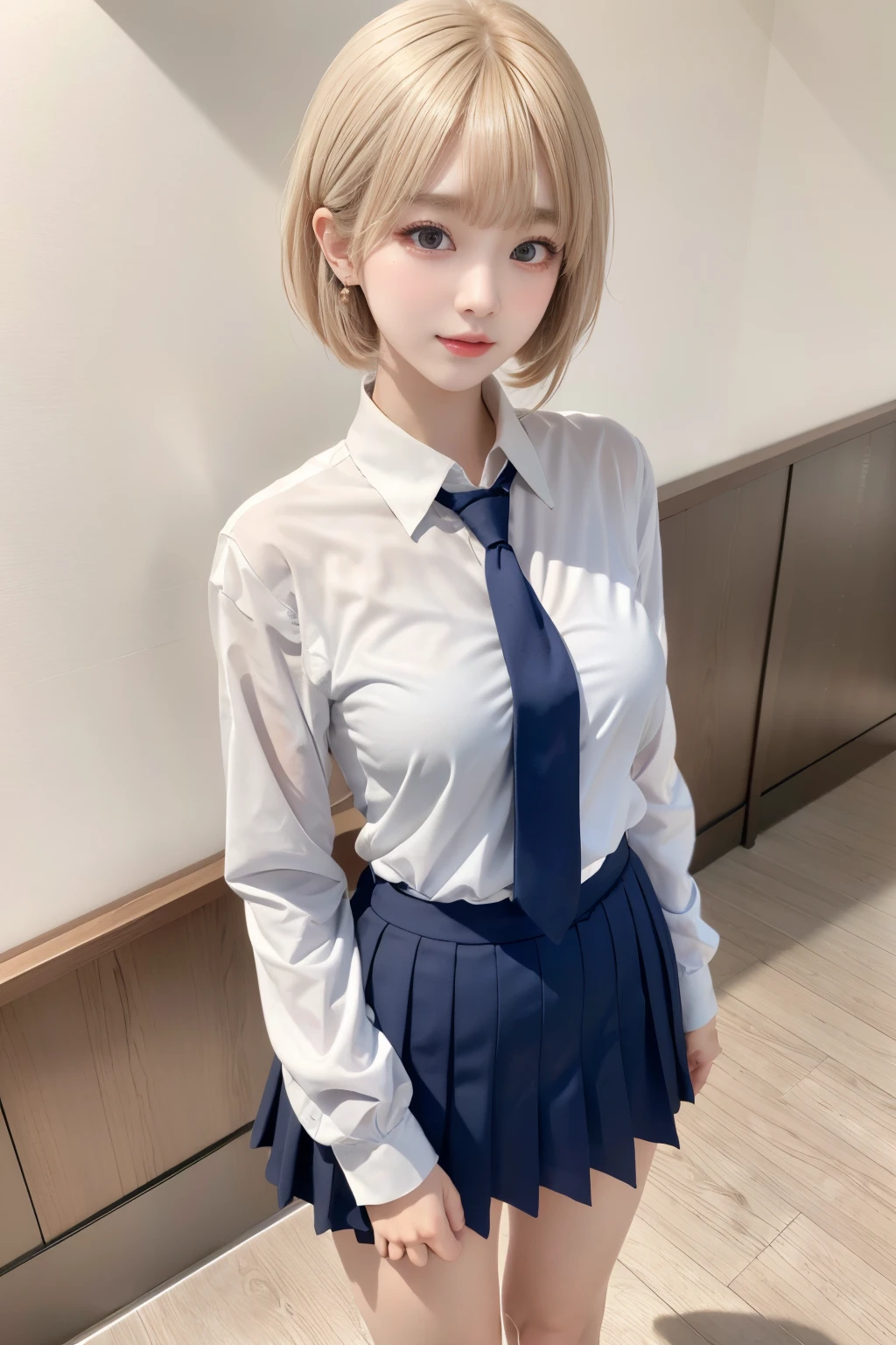 Korean school uniform, summer school uniform shirt, ribbon tie, skirt, school, school stairs, chest lifting pose, 8K RAW photo, high resolution, cool Korean at 15 years old, very big round breasts, beautiful eyes in detail, long eyelashes, beautiful double eyelids, eye shadow, eyeliner, slit eyes, elongated eye shape, Sanpaku eyes, evil smile, evil look, beautiful and very thin legs, Beautiful very thin thighs, random short hair, hair tied at the back of the head, earrings, bright blonde hair