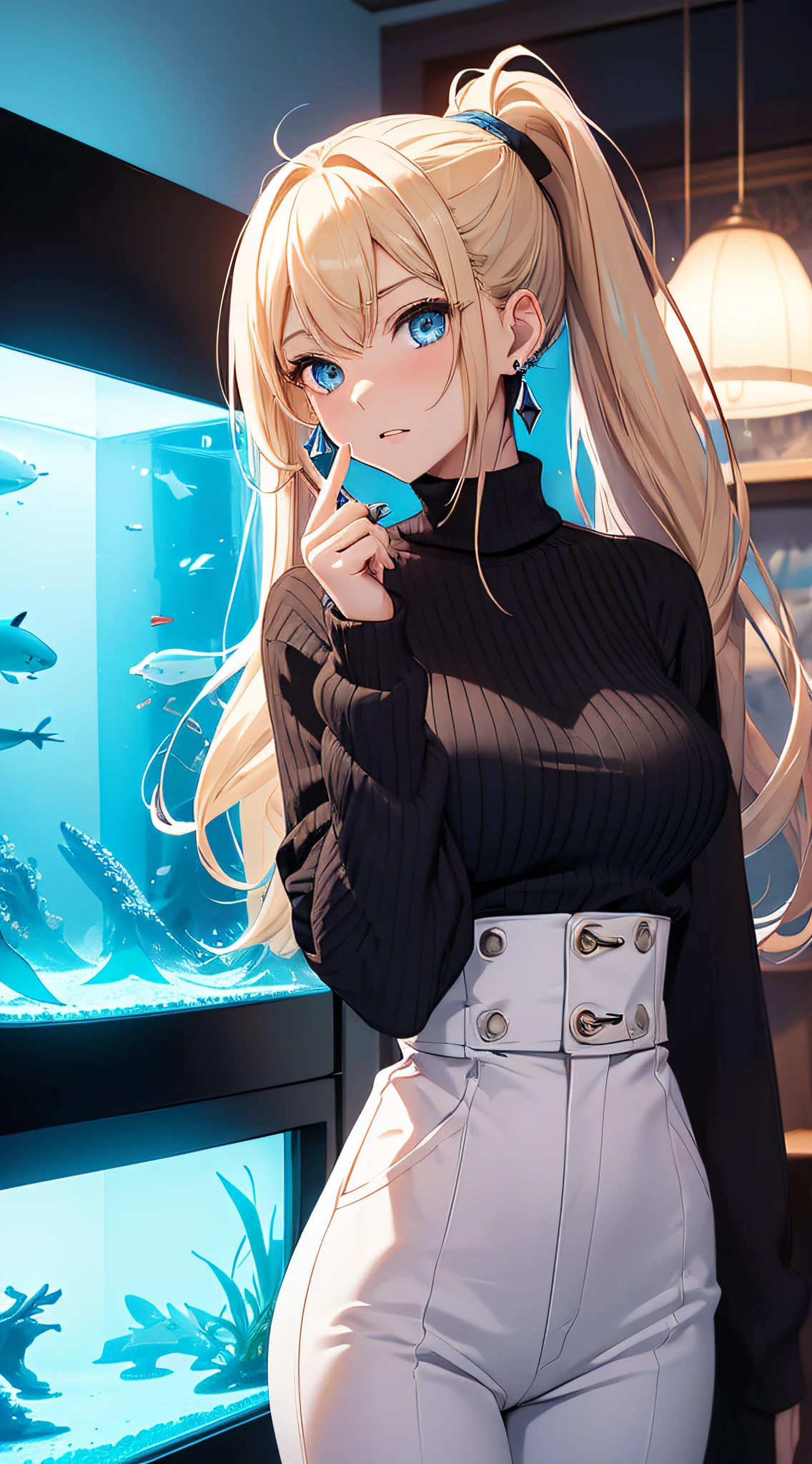 top-quality、Top image quality、masterpiece、girl with((18year old、Best Bust、big bast,Beautiful blue eyes、Breasts wide open, Blonde ponytail、A slender,Large valleys、Black sweater、White pants、Ruby Earrings、astonished face、Pointing finger))hiquality、Beautiful Art、Background with((Beautiful aquarium、Blue lighting、shark)))、,masutepiece、visualart、depth of fields、