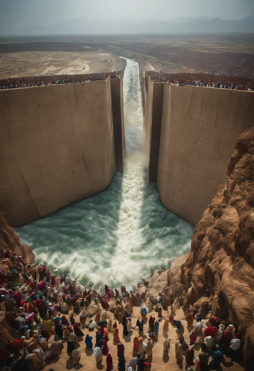 The Exodus of Moses、600,000 people々There are huge walls of water on both sides...、.、A large crowd passes between walls of water