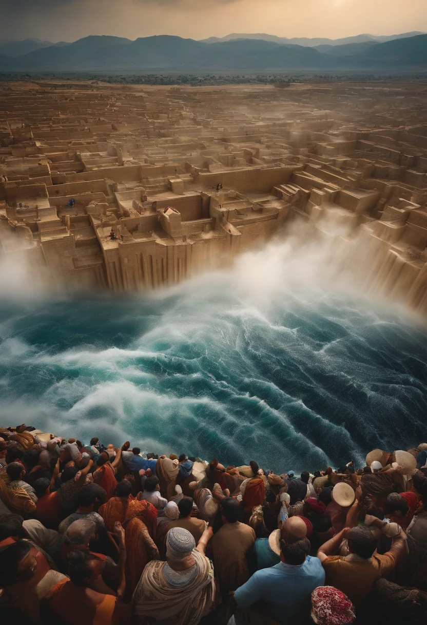 The Exodus of Moses、600,000 people々There are huge walls of water on both sides...、.、A large crowd passes between walls of water