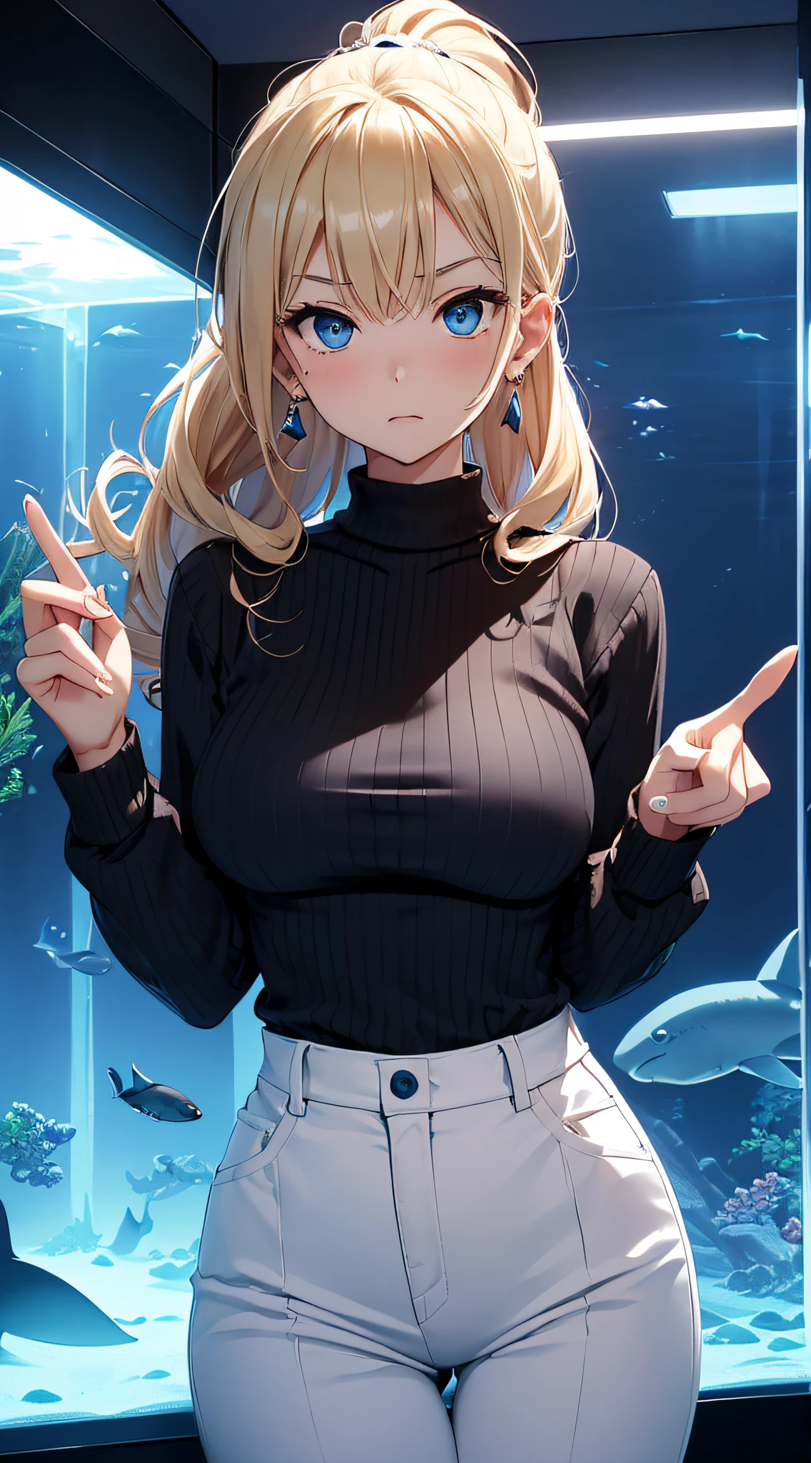 top-quality、Top image quality、masterpiece、girl with((18year old、Best Bust、big bast,Beautiful blue eyes、Breasts wide open, Blonde ponytail、A slender,Large valleys、Black sweater、White pants、Ruby Earrings、astonished face、Pointing finger))hiquality、Beautiful Art、Background with((Beautiful aquarium、Blue lighting、shark)))、,masutepiece、visualart、depth of fields、