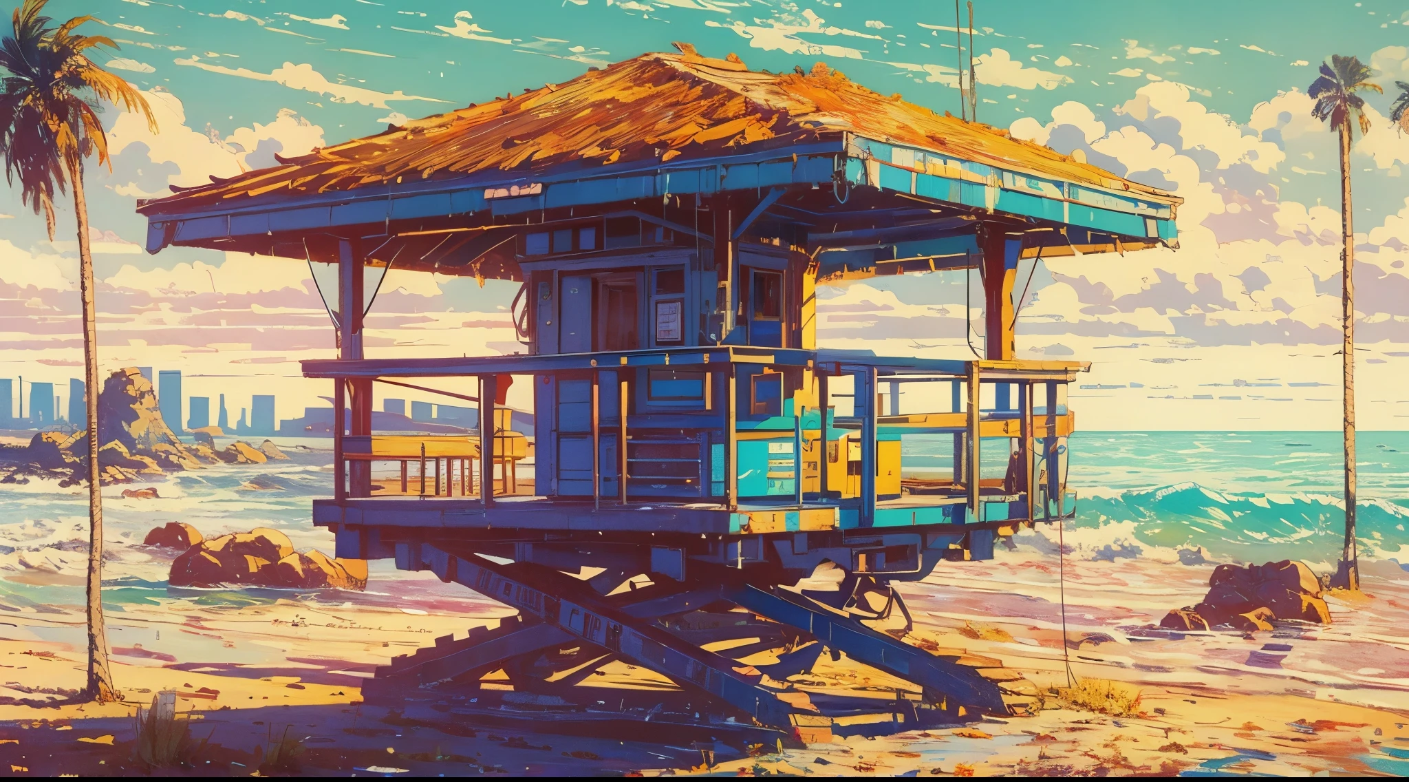 masterpiece, concept art, wide shot, a painting of a lifeguard tower on a (beach:1.2), by Alena Aenami, cgsociety, american scene painting, cinemascope panorama, coloured woodcut, southern california, vice city, la, anime keyframe, art print, view(full body + zoomed out), symmetrical framing, volumetric lighting, vibrant color, (epic composition, epic proportion), HD