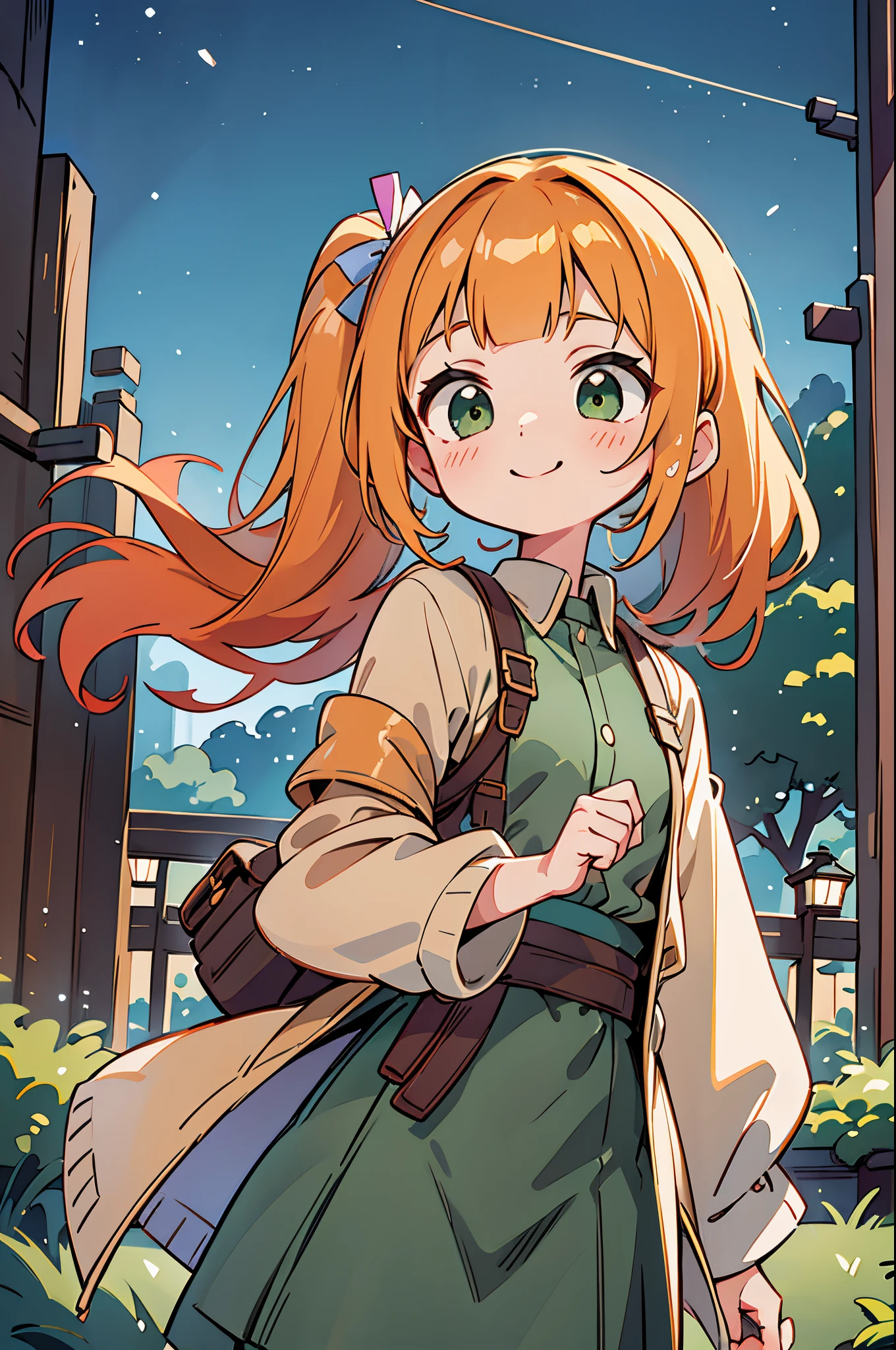 A futuristic world,a perfect illustration of artifical intelliengence,After 5143, 8K, Extremely detailed , flawless,hyperdetailed face,16-year-old girl,Eight-headed body, Orange hair、large round green eyes、Side Ponytail、small tits,Bitgirl,Background of the near future,During night combat,Smile,Dress Type,Wear a khaki troop jacket,Japan representative jacket、With flag patch、matrix、blade nana