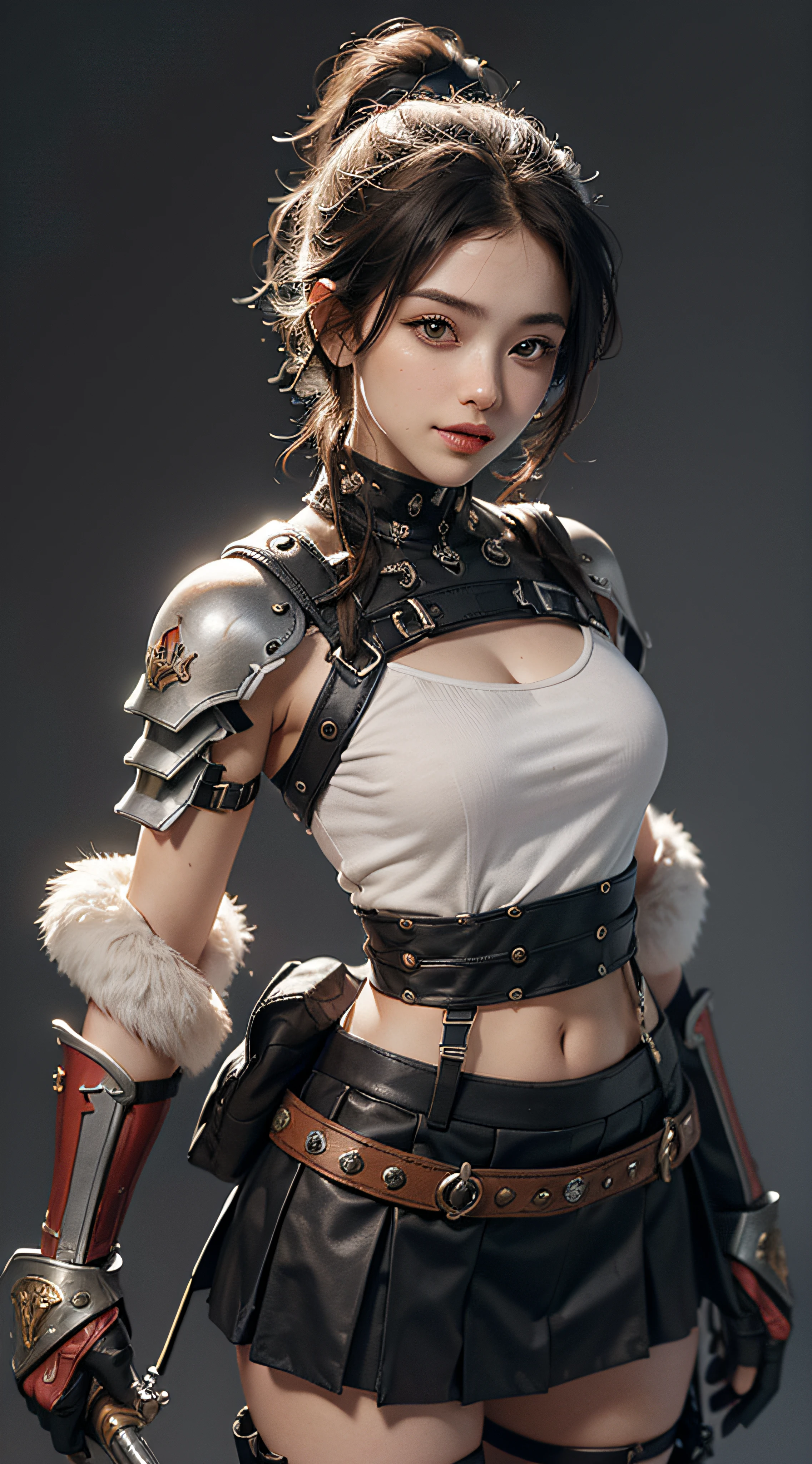 ((gray background, skirt short )), (Highest image quality, outstanding details, ultra-high resolution), 1 girl, wearing futuristic military outfit((inspired by Praetorian Centurion of Roman Empire, military harness, military gears such as pouches)), (glamour body:1.2, buffed and muscular body), (a bit chubby:0.5), background military base, mild smile, dynamic pose, dramatic lighting,