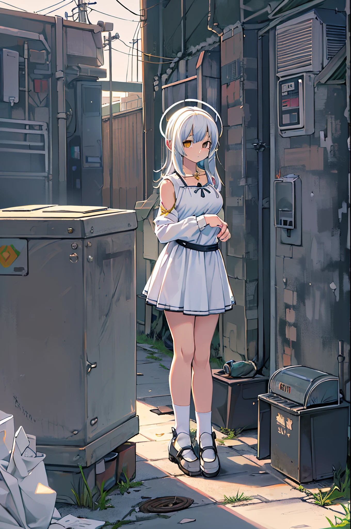 ((masutepiece, Best Quality)),girl with, Solo, Dress, Standing, Halo, backstreet, Outdoors, Bangs, White Dress, White hair, Long hair, Black footwear, Industrial Pipes, Looking at Viewer, air conditioner,Dark lighting, garbage, a trash can, HXH2011