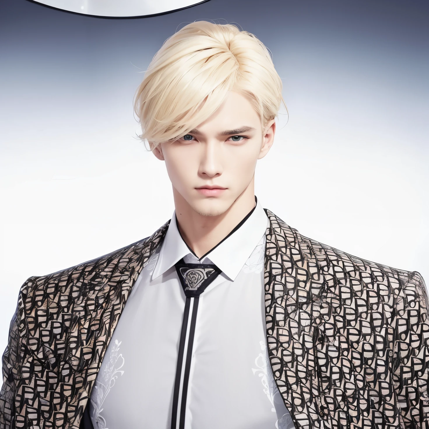 A man with blonde hair covering realistic eyes, same realistic hairstyle, realistic handsome face, realistic cool expression, adapt the same realistic clothes, realistic black and white jacket with Indonesian batik motif, realistic light, realistic shadows, realistic background