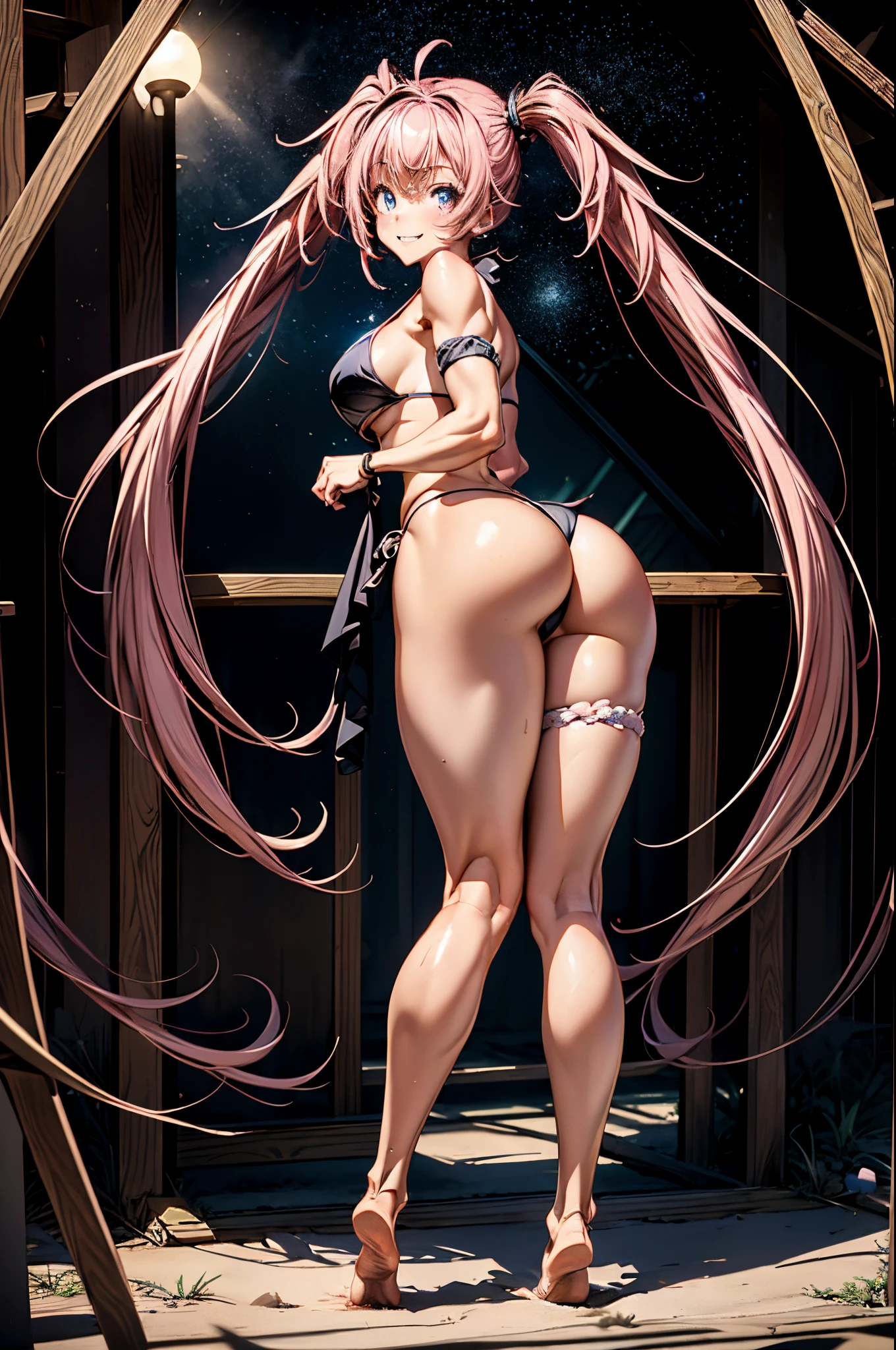 1 girl, (medium boobs))) (((big ass))), (mischievous smile), (showing teeth), (((wearing short bikini))), (long pink hair), (((eyes blue))), (on the beach at night with a starry sky and a moon full of blood), (slender), (thin waist), (butt only), legs (slim and muscular), muscular belly, bare feet, ((( full body photo))), (standing), showing her ass to the audience, twintails, sparkling eyes, eye reflection, sulking, anime, anime style, ray tracing, sparkle, drop shadow, panorama, Sony FE, 8k, UHD, masterpiece, accurate, anatomically correct, super detail, best quality, highres, HD, 16k