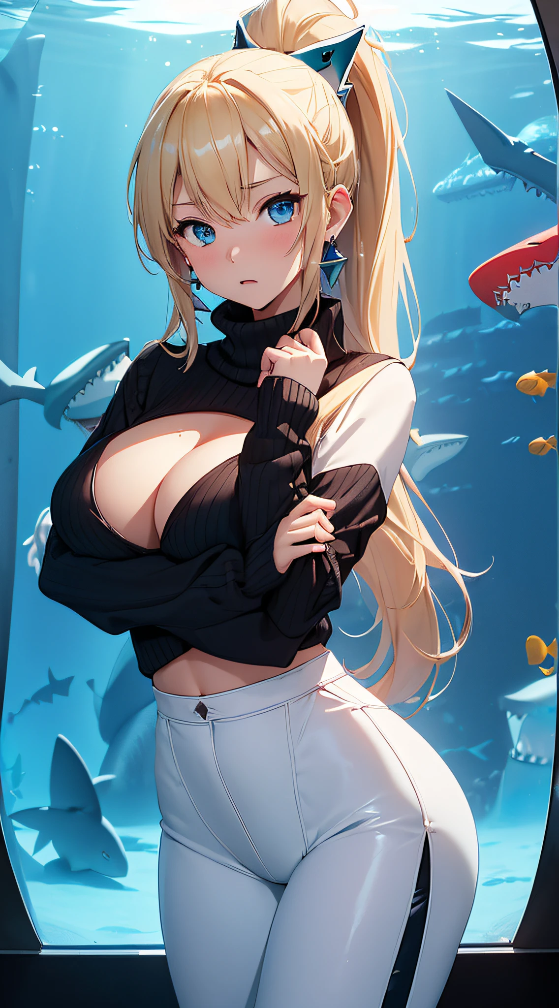top-quality、Top image quality、masterpiece、girl with((18year old、Best Bust、big bast,Beautiful blue eyes、Breasts wide open, Blonde ponytail、A slender,Large valleys、Black sweater、White pants、Ruby Earrings、astonished face、arms in arms))hiquality、Beautiful Art、Background with((theme park、Beautiful aquarium、Blue lighting、shark)))、,masutepiece、visualart、depth of fields、