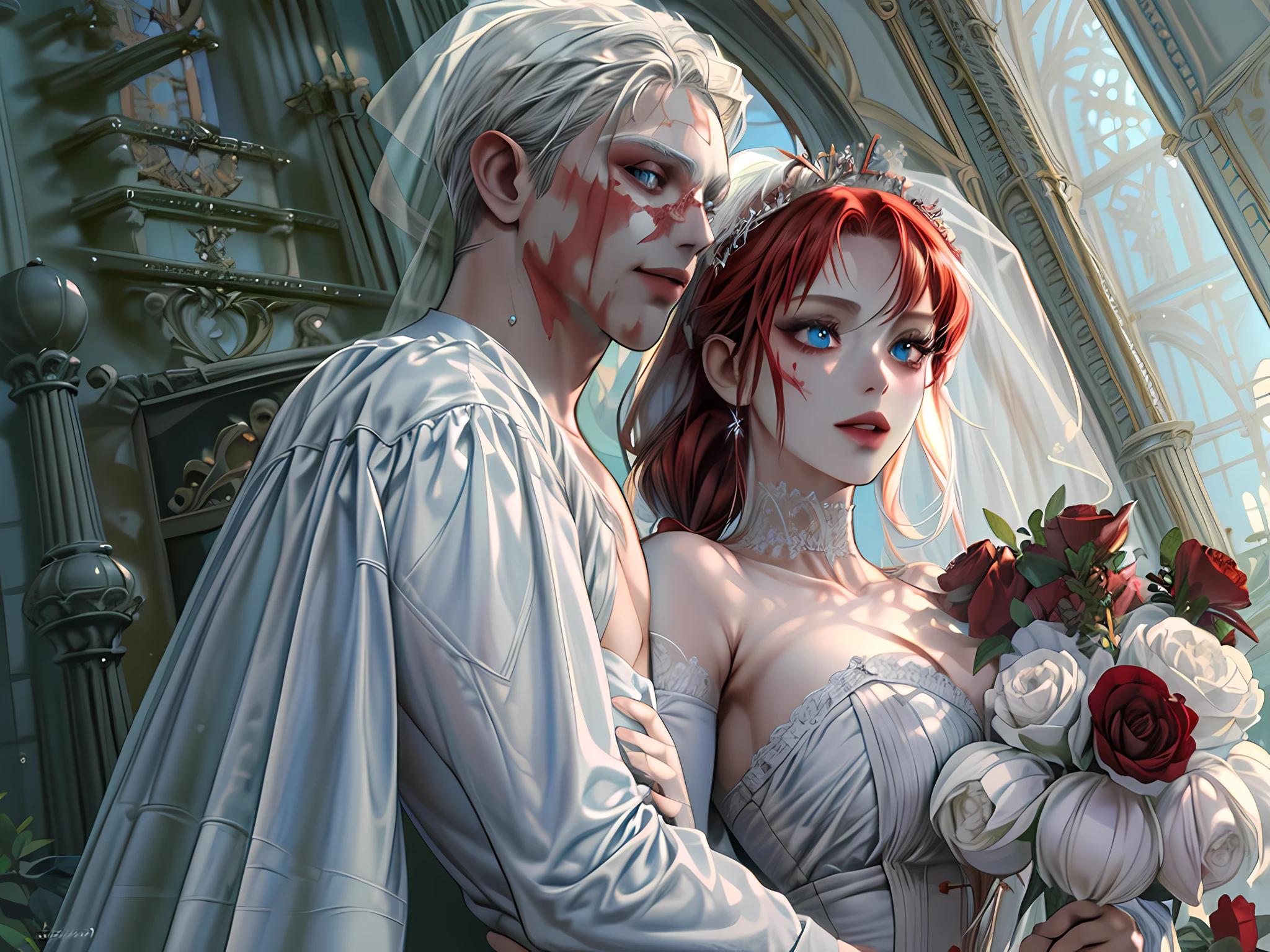 arafed, high details, best quality, 16k, [ultra detailed], masterpiece, best quality, (extremely detailed), dynamic angle, ultra wide shot, RAW, photorealistic, a wide angle picture of a vampire bride biting her groom, a [female vampire] bride (best details, Masterpiece, best quality) vampire female in a white wedding gown with bloody gown (best details, Masterpiece, best quality: 1.5), best detailed face (best details, Masterpiece, best quality: 1.5), ultra feminine, grey skin, red haired, long hair, wedding hair cut style, blue eyes, intense eyes, wearing white latex wedding dress bloody gown (best details, Masterpiece, best quality: 1.3), wearing white high heels, in the honeymoon suite (best details, Masterpiece, best quality: 1.4), biting the the groom, bloody face, BREAK a beautiful human man (best details, Masterpiece, best quality: 1.5), ultra detailed face (best details, Masterpiece, best quality: 1.4), wearing a wedding tuxedo (best details, Masterpiece, best quality), honeymoon suite background, Ultra-Wide Angle, high detail, award winning, best quality, HD, 16K, 3D rendering, high details, best quality, highres, ultra wide angle, 3D rendering, [[anatomically correct]]