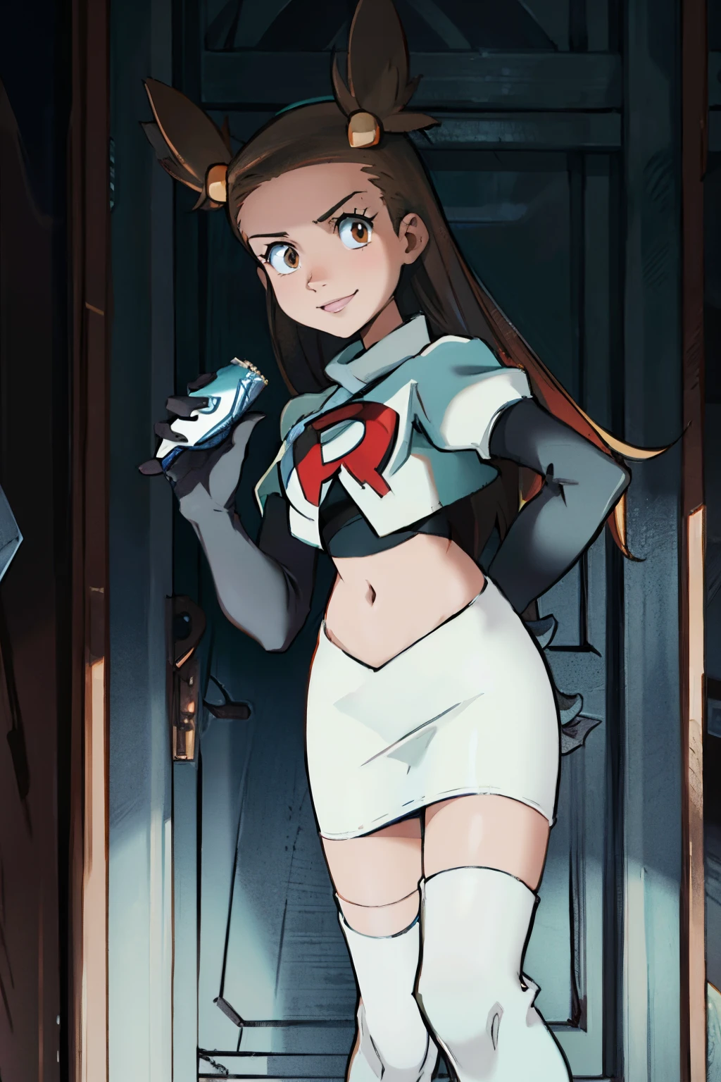 Jasmine /(pokemon/), team rocket, team rocket uniform, red letter R, white skirt, white crop top, black thigh-highs, black elbow gloves, evil smile