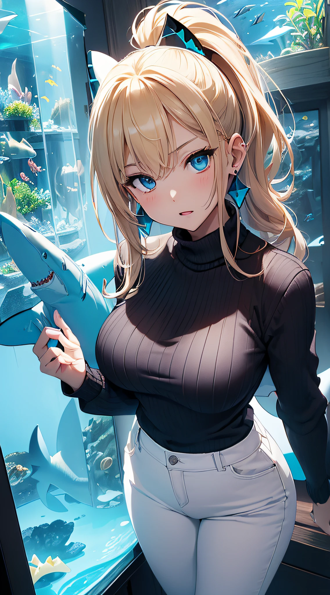 top-quality、Top image quality、masterpiece、girl with((18year old、Best Bust、big bast,Beautiful blue eyes、Breasts wide open, Blonde ponytail、A slender,Large valleys、Black sweater with open chest、White pants、Ruby Earrings、harmonious face、arms in arms))hiquality、Beautiful Art、Background with((theme park、Beautiful aquarium、Blue lighting、shark)))、,masutepiece、visualart、depth of fields、