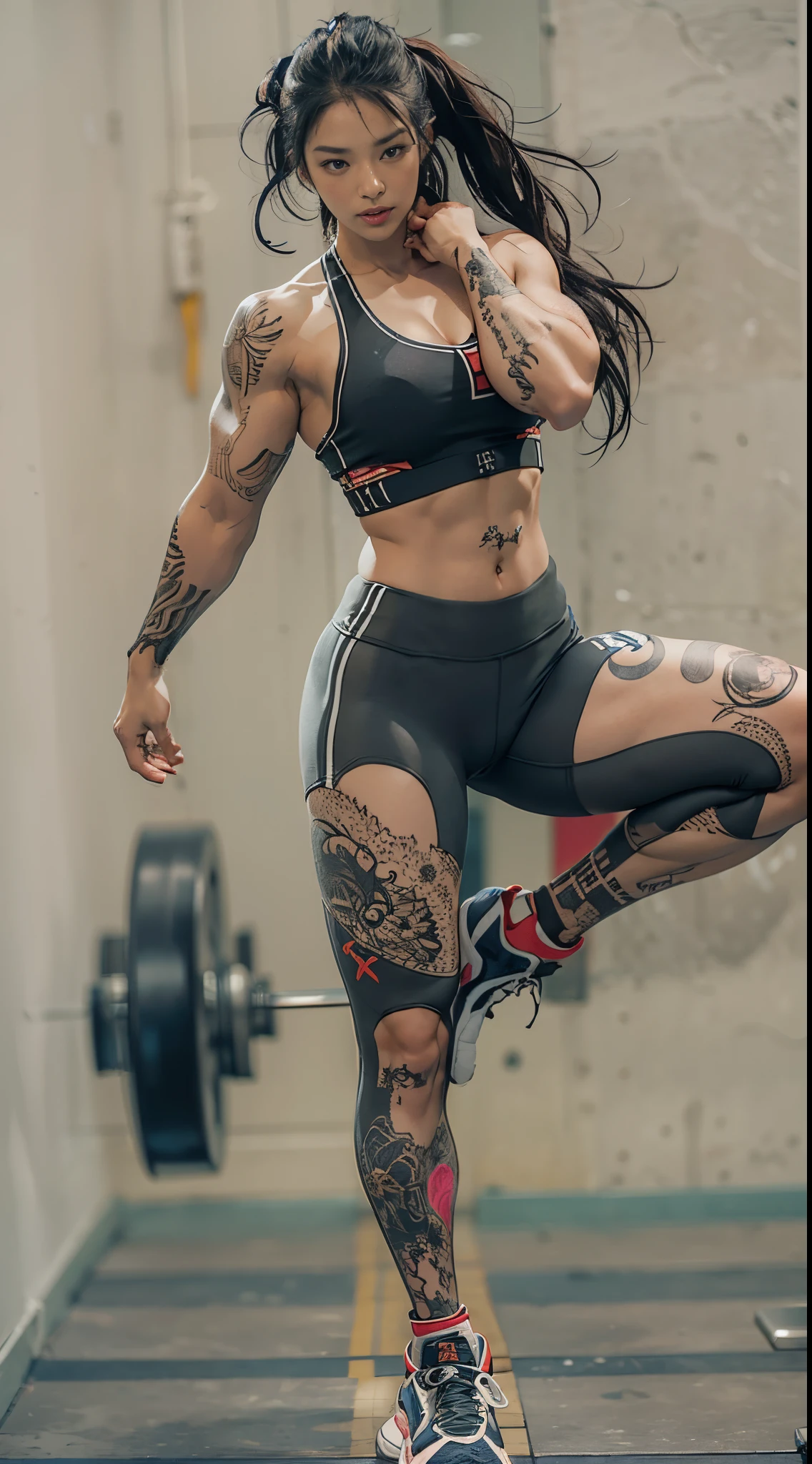 (top-quality)Posing like a bodybuilder at the gym、detailed sportswear girl、Spread your legs、Wearing a sports bra with intricate leggings、Emphasizes slight abdominal muscles、Chest tattoos add a cinematic touch to the scene in black tattoos、Movie lighting completes the overall atmosphere。