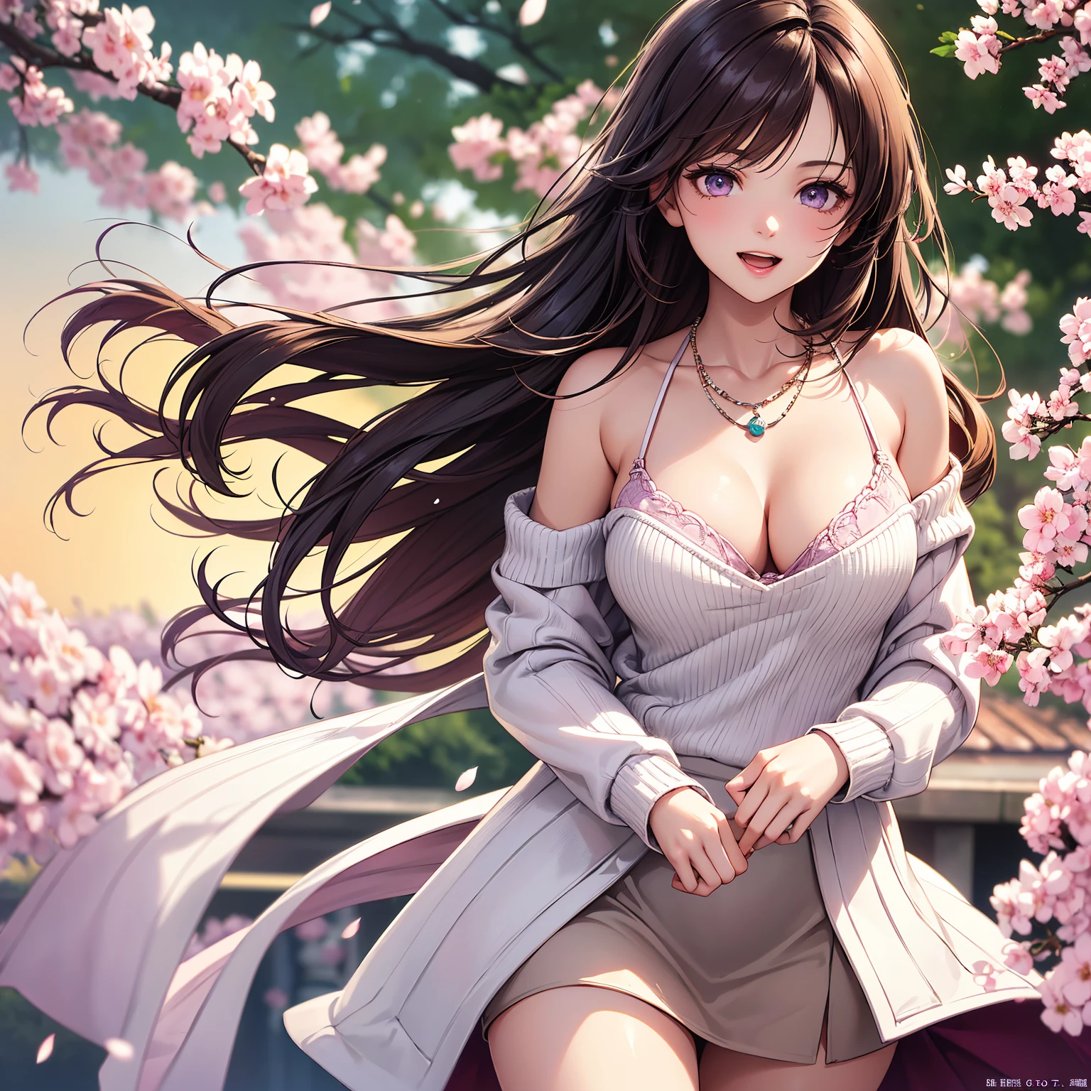 (top-quality、​masterpiece、very high res、An ultra-high picture quality、High quality pixels)、(She is a mysterious and bewitching woman, And she is 18 years old,1 person,Single,独奏:1.5)、(She is a very beautiful woman with a beautiful face)、(Beautiful face written in detail,Beautiful body,Strong-willed eyes,Purple eyes,beautiful colored hair,Beautiful skin texture)、(Beautiful hair quality,Variety of hairstyles)、(She has a slender figure and her breasts are D cups)、(Bewitching look,Lovely smile,Smile, Open mouth,),(Wearing a long sleeve sweater,a miniskirt,1 necklace,shoulders are exposed),(A path lined with flourishing cherry blossom trees,The cherry tree),(model poses,modelshoot,Magazine shooting,Hair flutters under the influence of the wind),The wind is blowing、Beautiful Art Style, an animated character、(The whole picture、Detailed picture、accurate anatomy、Defect-free images、extremely detailed picture、Accurate images、Perfect Image 1.5)、(Best Shot Photo 1.2)