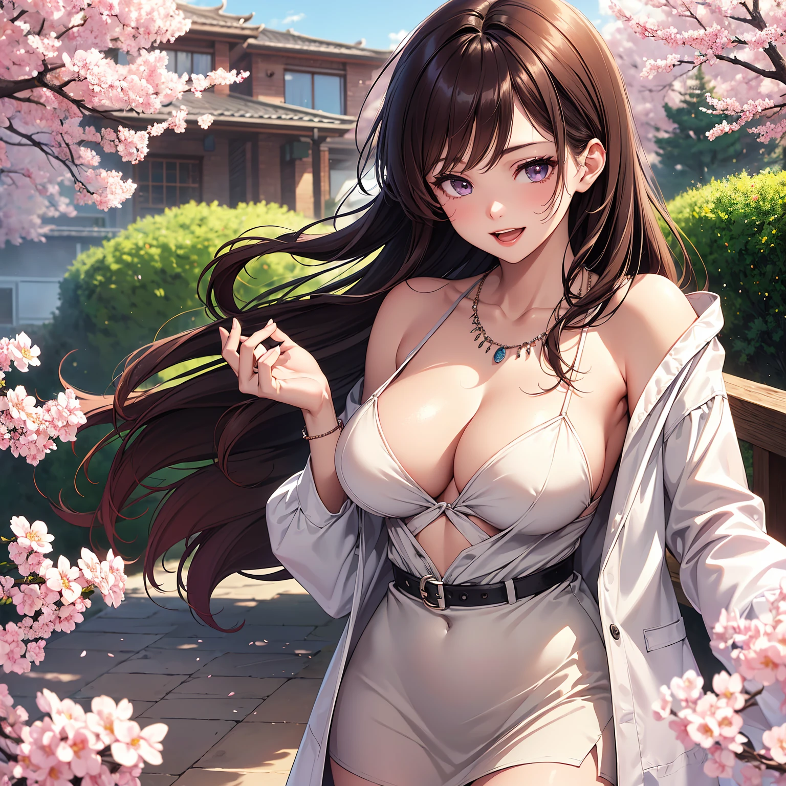 (top-quality、masterpiece、very high res、An ultra-high picture quality、High quality pixels)、(She is a mysterious and bewitching woman, And she is 18 years old,1 person,Single,独奏:1.5)、(She is a very beautiful woman with a beautiful face)、(Beautiful face written in detail,Beautiful body,Strong-willed eyes,Purple eyes,beautiful colored hair,Beautiful skin texture)、(Beautiful hair quality,Variety of hairstyles)、(She has a slender figure and her breasts are D cups)、(Bewitching look,Lovely smile,Smile, Open mouth,),(Wearing a long sleeve sweater,a miniskirt,1 necklace,shoulders are exposed),(A path lined with flourishing cherry blossom trees,The cherry tree),(model poses,modelshoot,Magazine shooting,Hair flutters under the influence of the wind),The wind is blowing、Beautiful Art Style, an animated character、(The whole picture、Detailed picture、accurate anatomy、Defect-free images、extremely detailed picture、Accurate images、Perfect Image 1.5)、(Best Shot Photo 1.2)