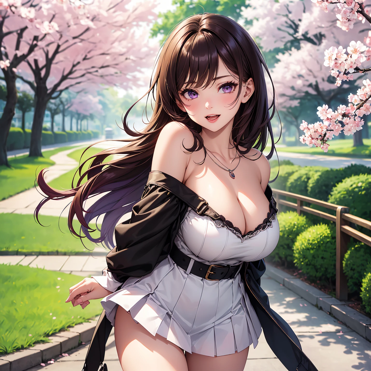 (top-quality、masterpiece、very high res、An ultra-high picture quality、High quality pixels)、(She is a mysterious and bewitching woman, And she is 18 years old,1 person,Single,独奏:1.5)、(She is a very beautiful woman with a beautiful face)、(Beautiful face written in detail,Beautiful body,Strong-willed eyes,Purple eyes,beautiful colored hair,Beautiful skin texture)、(Beautiful hair quality,Variety of hairstyles)、(She has a slender figure and her breasts are D cups)、(Bewitching look,Lovely smile,Smile, Open mouth,),(Wearing a long sleeve sweater,a miniskirt,1 necklace,shoulders are exposed),(A path lined with flourishing cherry blossom trees,The cherry tree),(model poses,modelshoot,Magazine shooting,Hair flutters under the influence of the wind),The wind is blowing、Beautiful Art Style, an animated character、(The whole picture、Detailed picture、accurate anatomy、Defect-free images、extremely detailed picture、Accurate images、Perfect Image 1.5)、(Best Shot Photo 1.2)