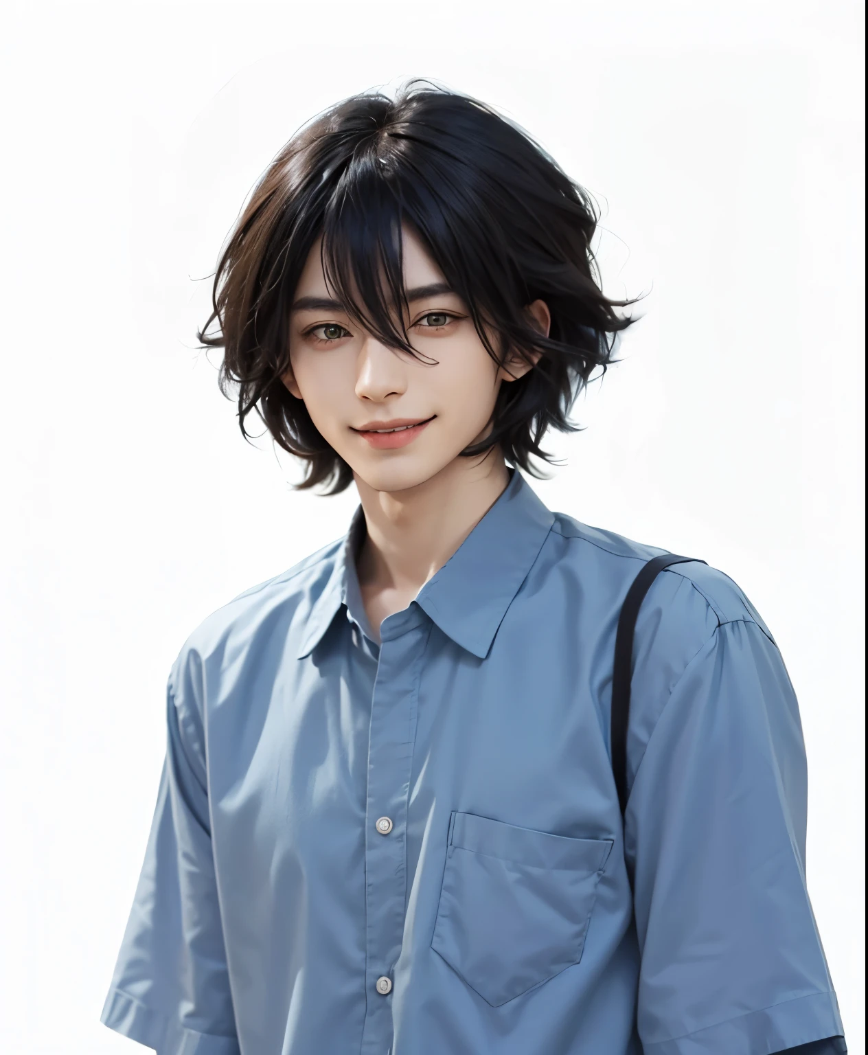 1man, ranpo edogawa , black hair, green eyes, handsome , smiling, realistic clothes, detail clothes, white background, ultra detail, realistic