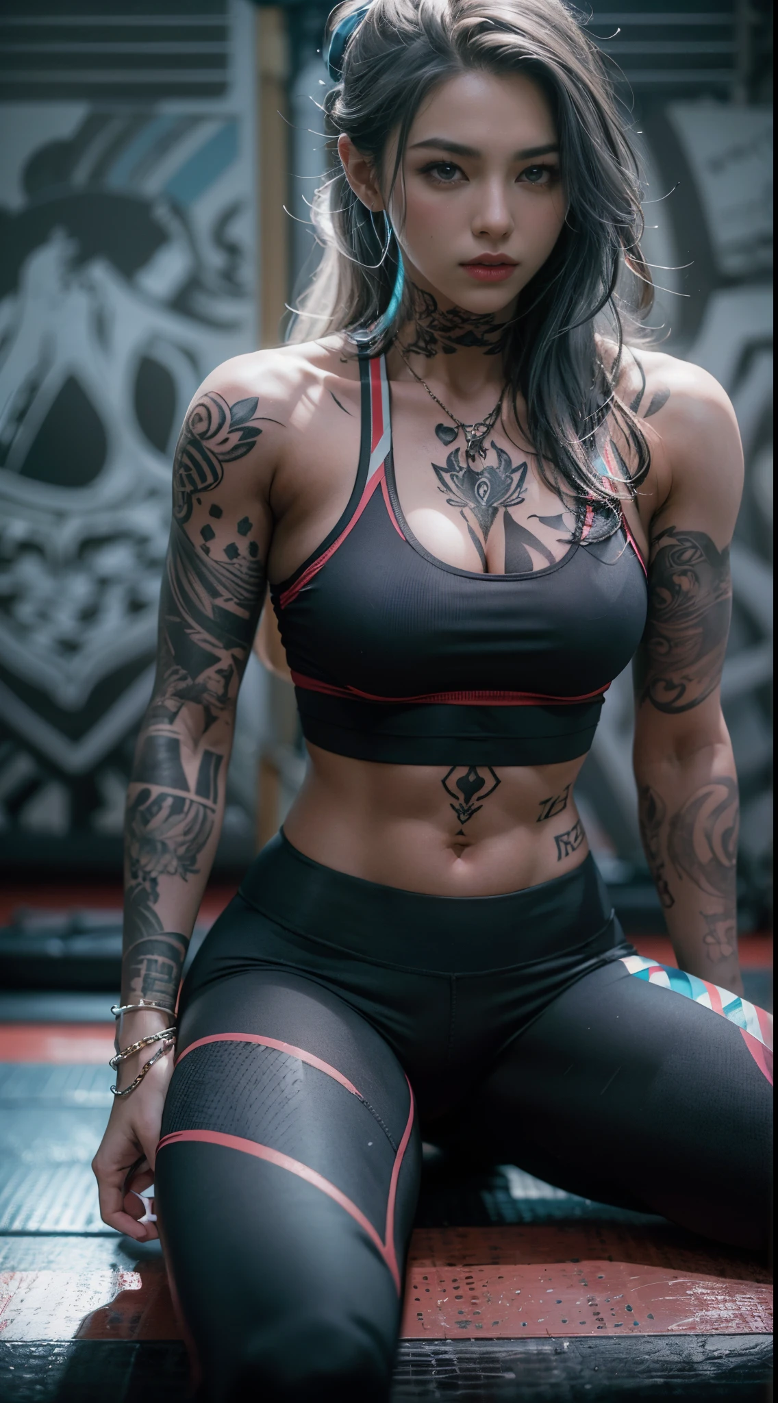 (best quality) Detailed sportswear girl, sitting on the gym floor, spread legs, wearing an intricate leggings and sports bra, highlighting the slight abs, while the chest tattoo adds a cinematic touch to the scene amidst the black tattoo, and cinematic lighting perfects the overall ambiance.