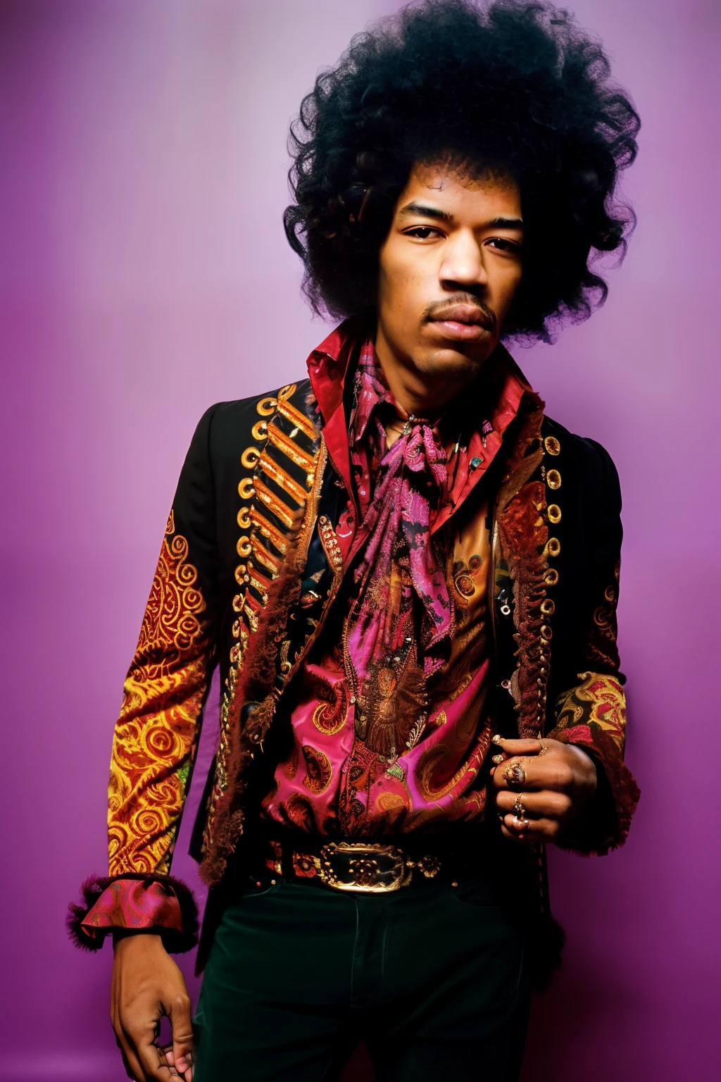 Full body portrait of JIMI HENDRIX man with a messy afro Hair Style, Detailed face, (perfect eyes), (highly detailed skin:1.1), perfect body,  wearing Paisley print shirt and jeans pants , Modelshoot style, Professional Photography, soft lighting, PHOTOREALISTIC, Realistic, standing in a dark studio background, blurred background, RAW, analog, sharp focus, 8k, high resolution, DSLR, high quality, Fujifilm XT3, film grain, award winning,