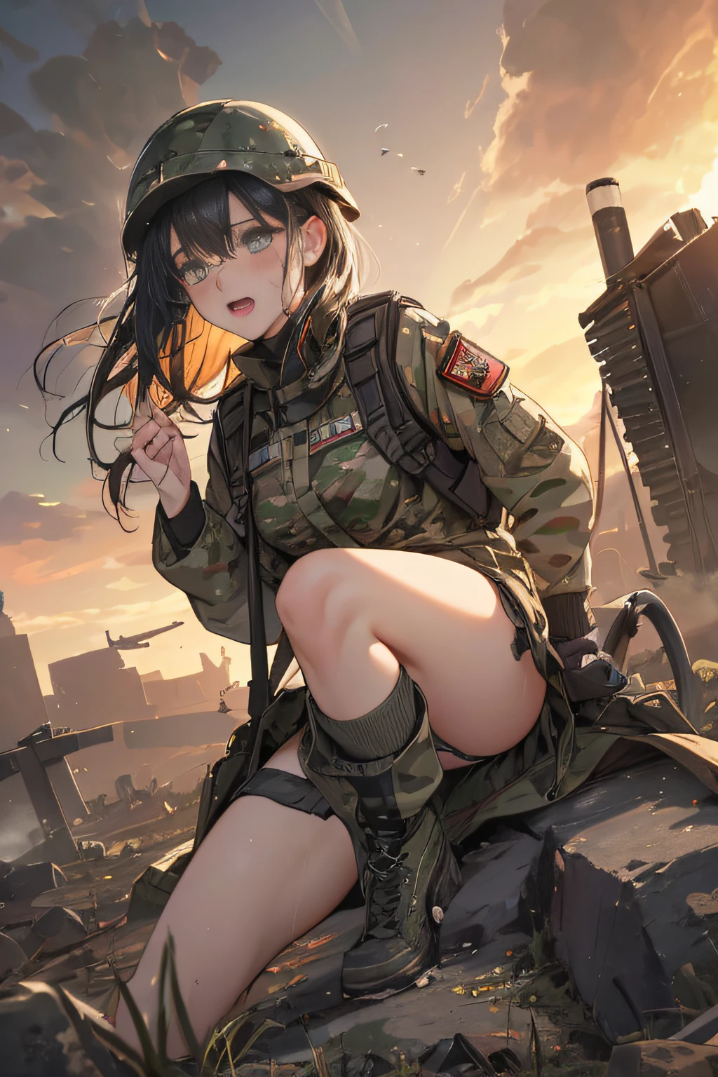 (long shot, looking away, shift character off center, draw the face precisely, cinematic perspective), (((Z stands for machine gun barrel in this prompt))), (((X stands for the her crotch area in this prompt))), (A female army infantry), (((wearing camouflage combat army uniform))), ((carrying a camouflage backpack)), (((for masturbation))), (((excitement))), (((orgasm face))), hiding a trench, (bullets fly), (pinching her nipple), her pants are lowered to reveal a little panties, she thrusts her X forward, Z must be touching X, she uses Z to push X, open her legs, straddling on the Z, Z to X, The presence of pubic hair in the crotch, Extensive pubic hair, Pubic hair sticks out of panties, All connected pubic hair, (panties cover genitals, dripping love juice), in combat, battlefield,