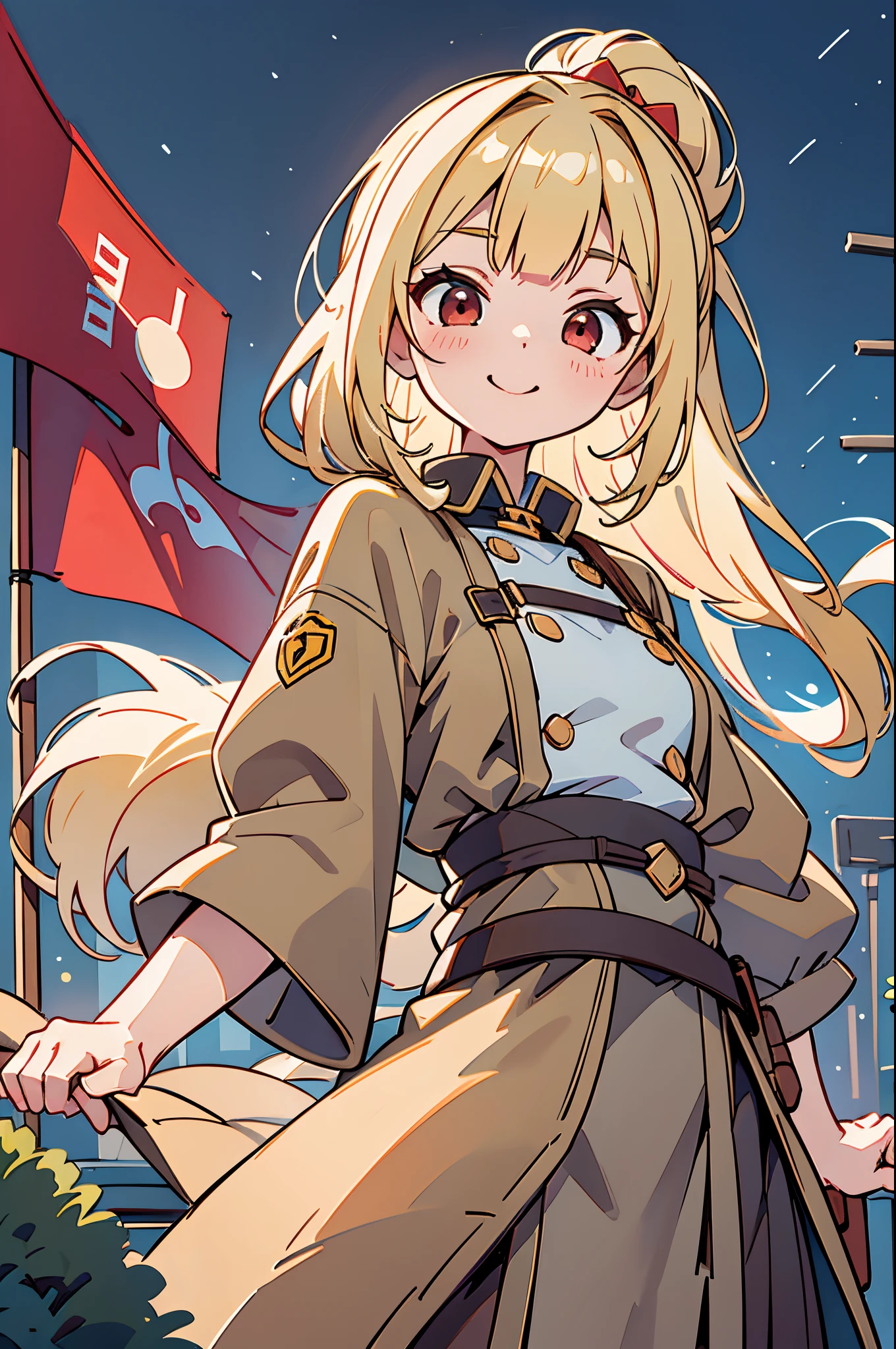 A futuristic world,a perfect illustration of artifical intelliengence,After 5143, 8K, Extremely detailed , flawless,hyperdetailed face,,Eight-headed body,Blonde ponytail、Ahoge、big round red eyes、small tits,Bitgirl,Background of the near future,During night combat,Smile,Dress Type,Wear a khaki troop jacket,Japan representative jacket、With flag patch、matrix、blade nana