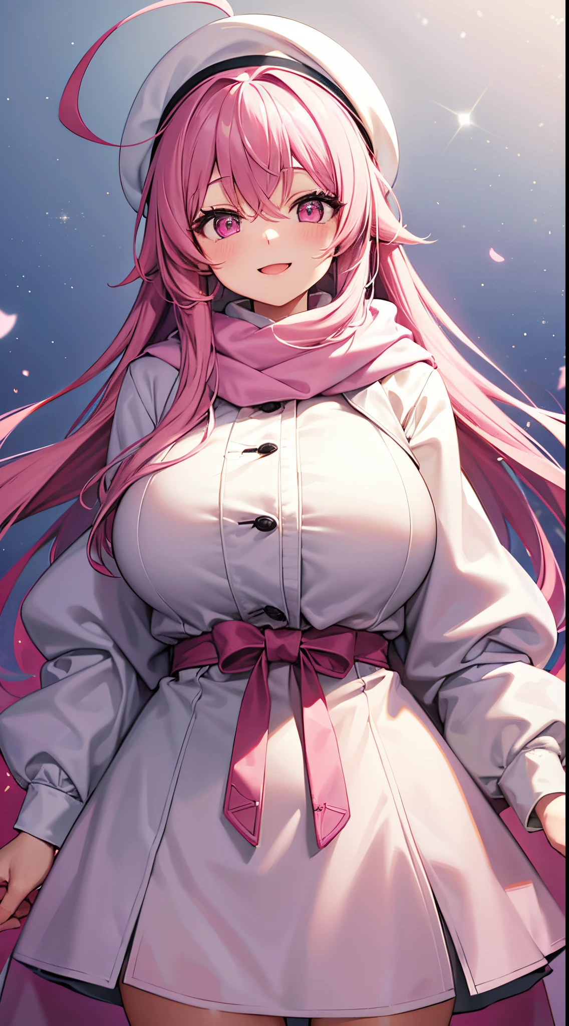 1 girl, game ,pink winter coat, white beret, winter scarf, gigantic breasts, pink hair, long hair, straight hair, ahoge, pink eyes, gigantic breasts, pink hair, long hair, straight hair, ahoge, pink eyes, A smile, a sparkling background,