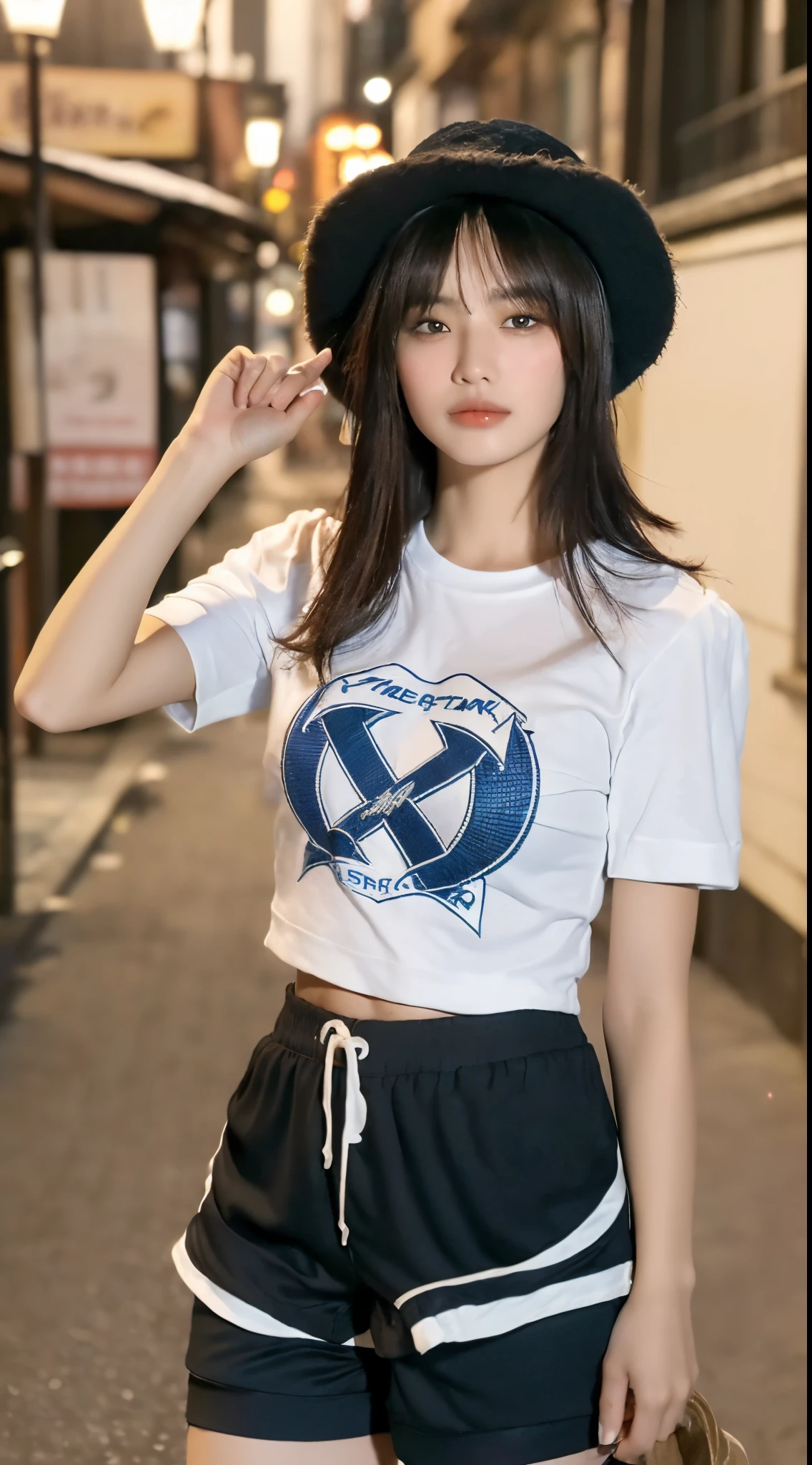 ((Best Quality, 8K, Masterpiece: 1.3)), (Fisherman's Hat: 1.3), Focus: 1.2, Perfect Body Beauty: 1.4, Buttocks: 1.2, (Layered Haircut: 1.2)), (Dark Street: 1.3), Highly Detailed Face and Skin Texture, Fine Eyes, Double Eyelids, Whitened Skin, Long Hair, (Round Face: 1.5), (Short Sleeves, Shorts: 1.6)
