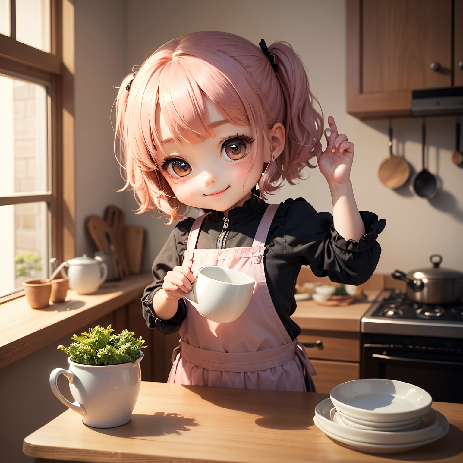 ​masterpiece、top-quality、ultra-detailliert、(Chibi Chara's Daughter:1.2)、Blue Bob、Sarasa、Chibi Kitchen、kitchenware、dish、cups、A smile、