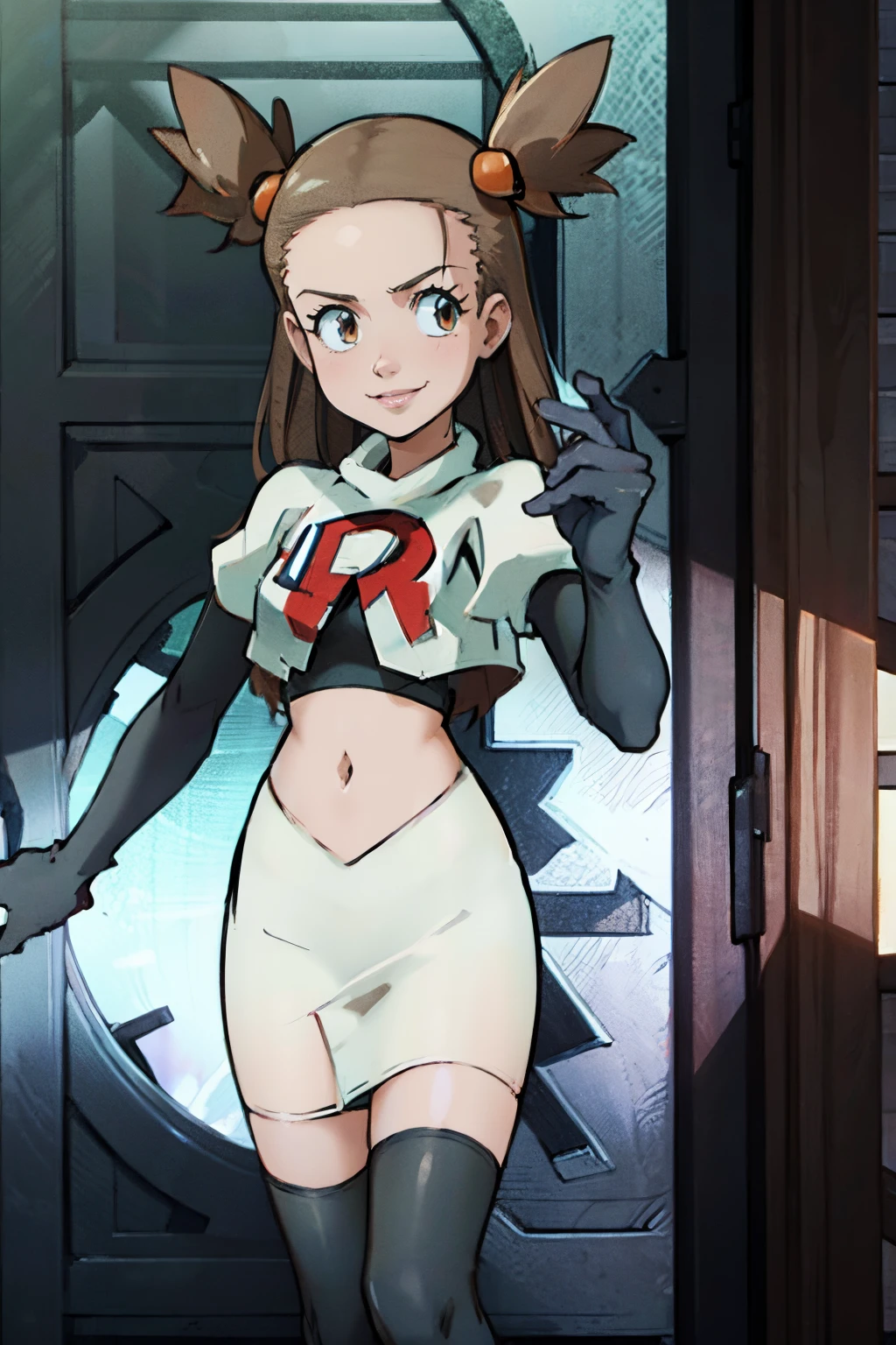 Jasmine /(pokemon/), team rocket, team rocket uniform, red letter R, white skirt, white crop top, black thigh-highs, black elbow gloves, evil smile, one arm up