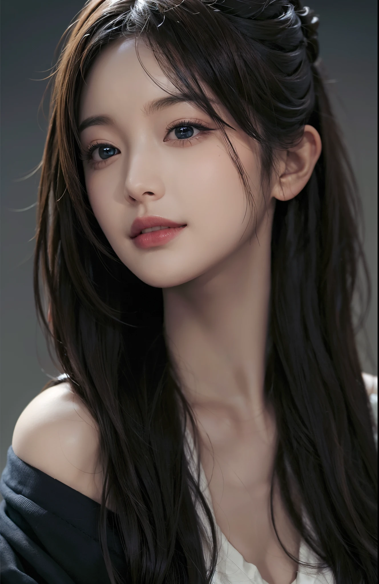 (Ultra Realistic), (Illustration), (Increased Resolution), (8K), (Extremely Detailed), (Best Illustration), (Beautiful and Detailed Eyes), (Best Quality), (Ultra Detailed), (Masterpiece ), ( wallpaper), (detailed face), solo, 1 girl, looking at viewer, fine details, detailed face, in the dark, deep shadows, low key, pureerosfaceace_v1, smiling, long hair, black shawl straight hair , 46 points oblique bangs